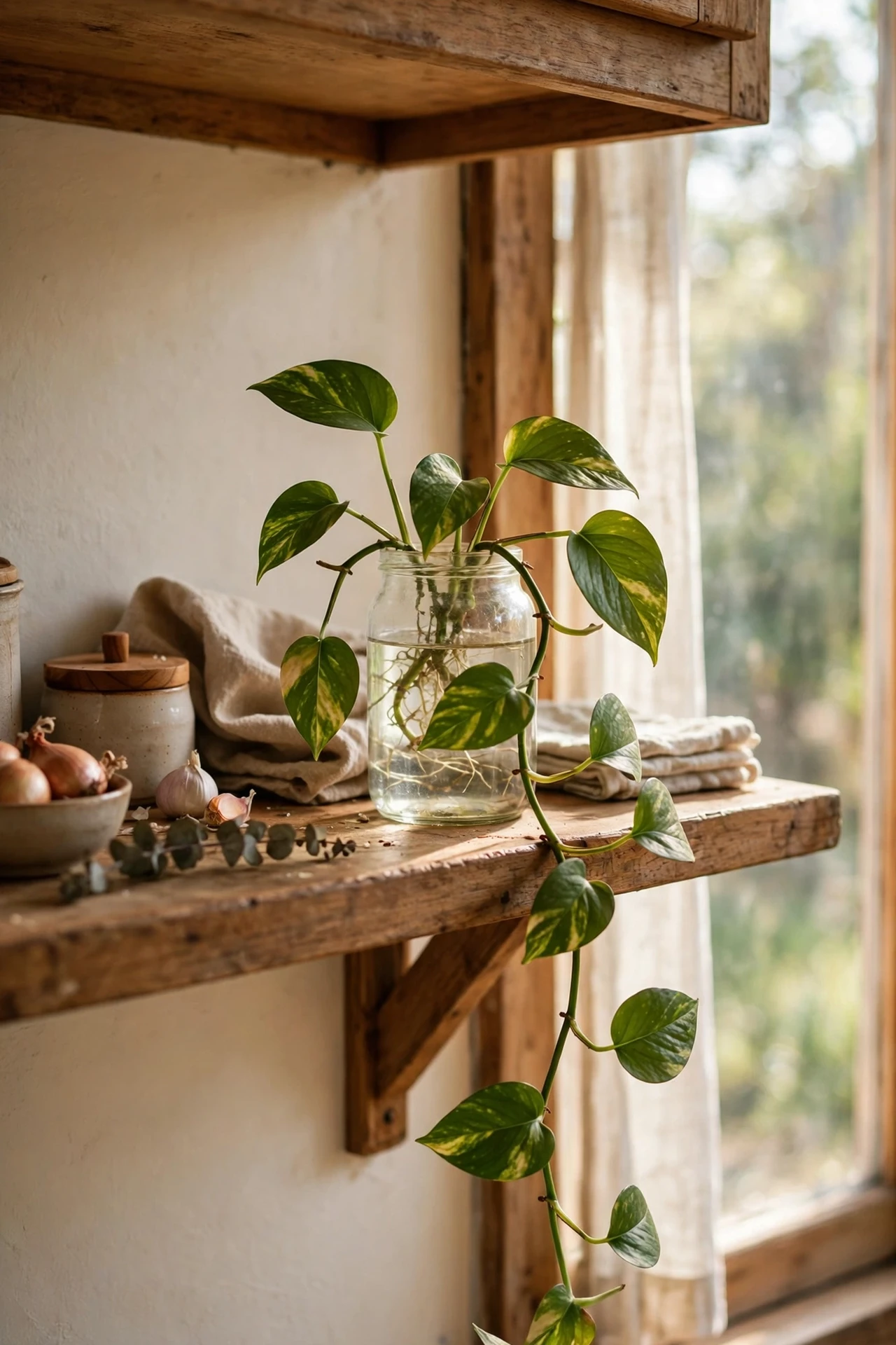Small trailing plant on a kitchen open shelf