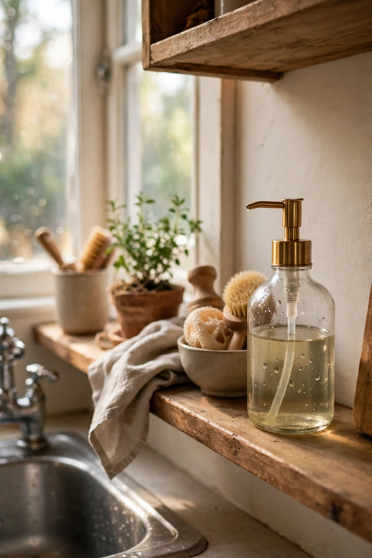 Glass soap dispenser on a shelf by the sink