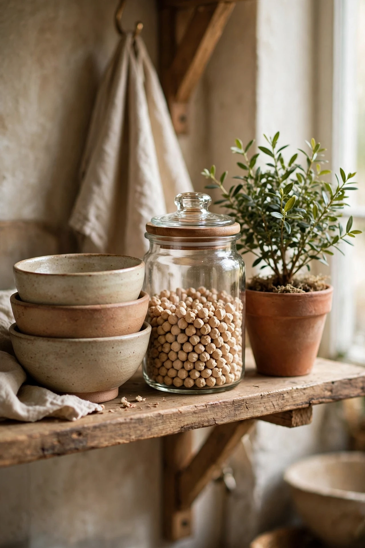 Bowls jar and plant grouped on a shelf
