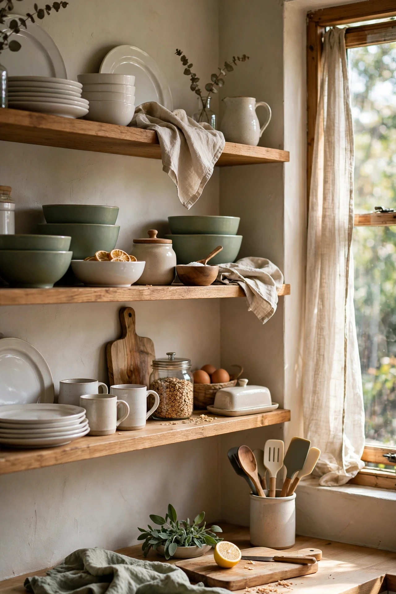 Neutral crockery with sage green accent pieces
