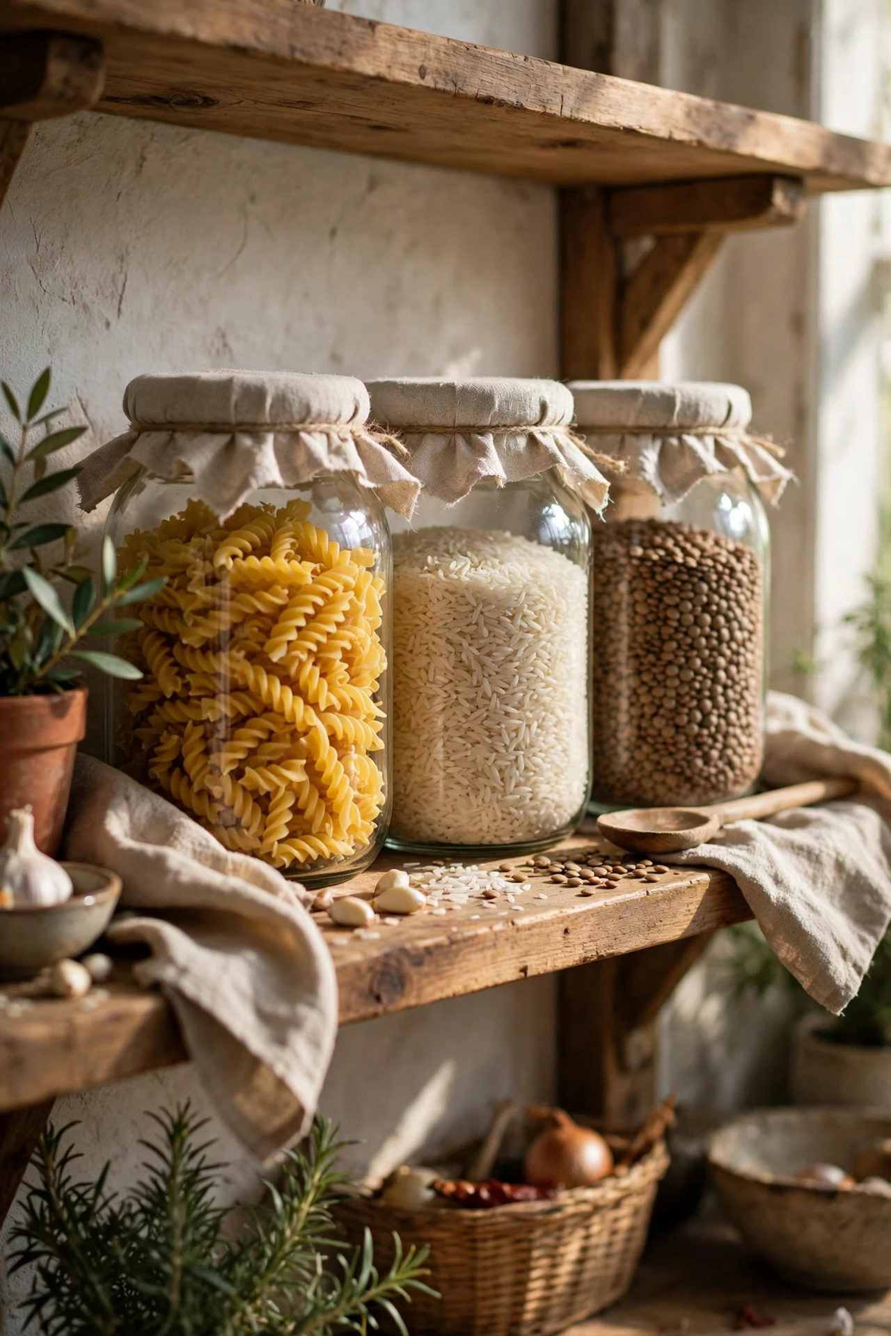Clear glass jars of dry goods on shelves