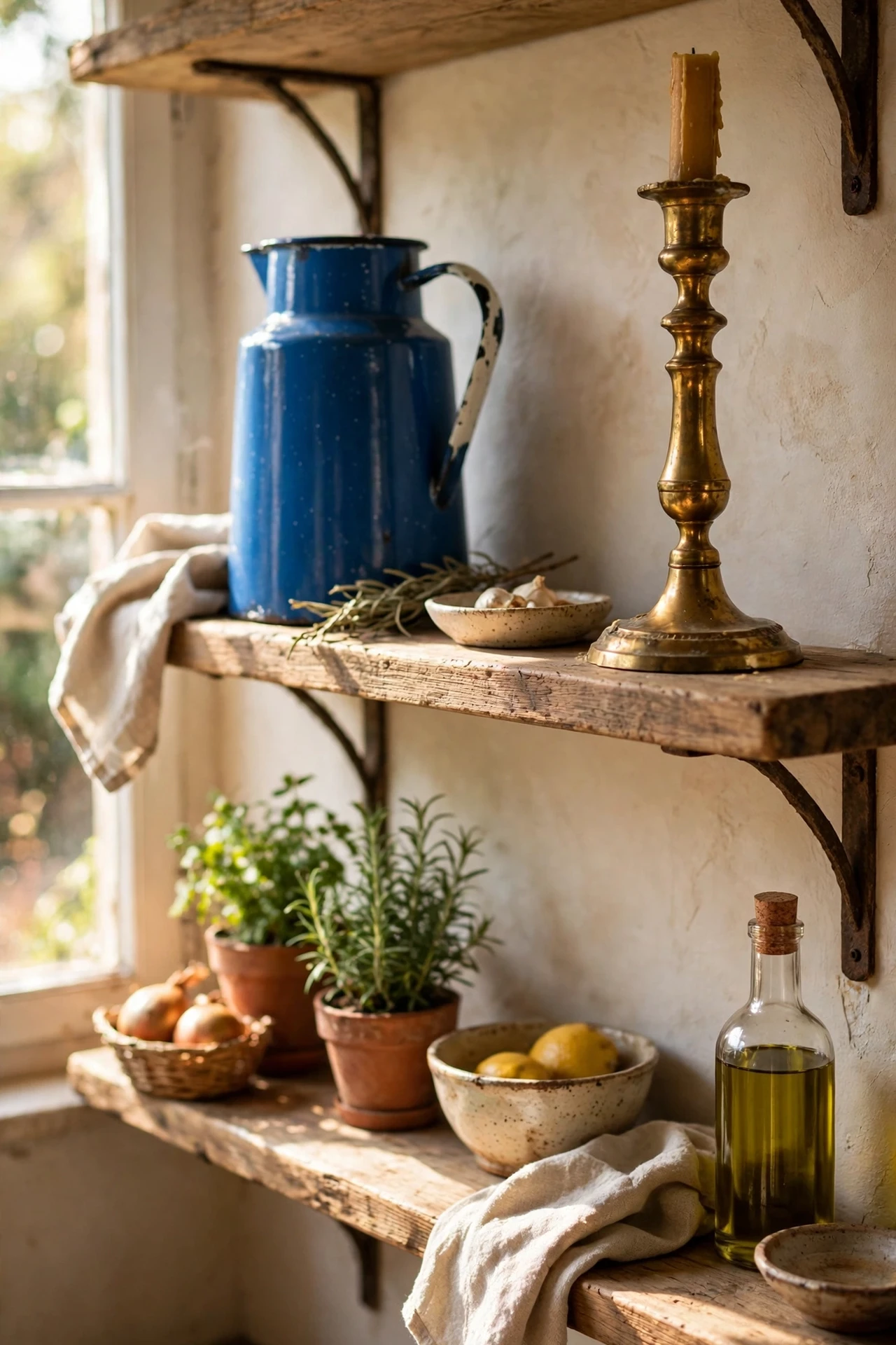 Vintage brass candlestick on styled kitchen shelf