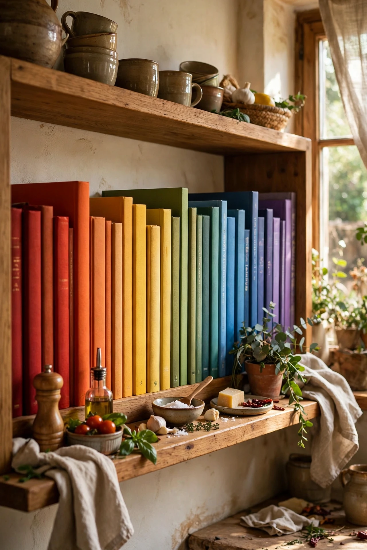 Colourful cookbooks arranged on open shelf