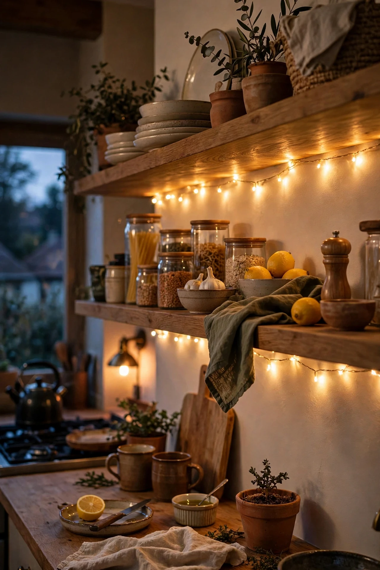 Fairy lights glowing along kitchen open shelves