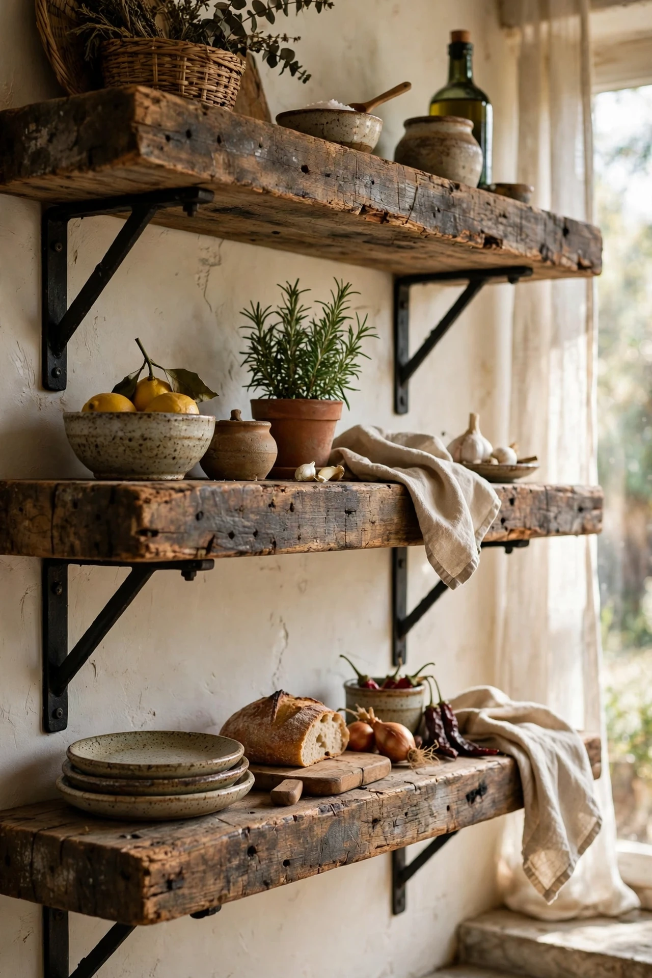 Scaffold boards mounted as rustic kitchen shelves
