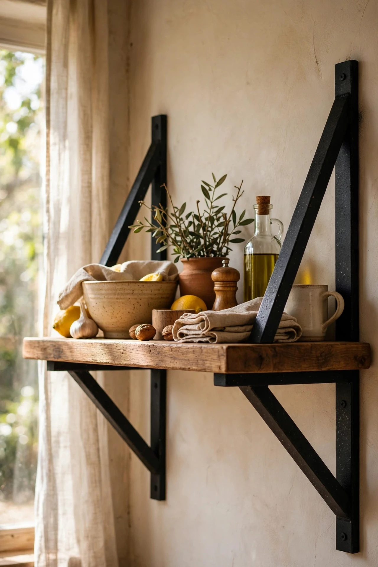 Black spray-painted brackets holding kitchen shelf