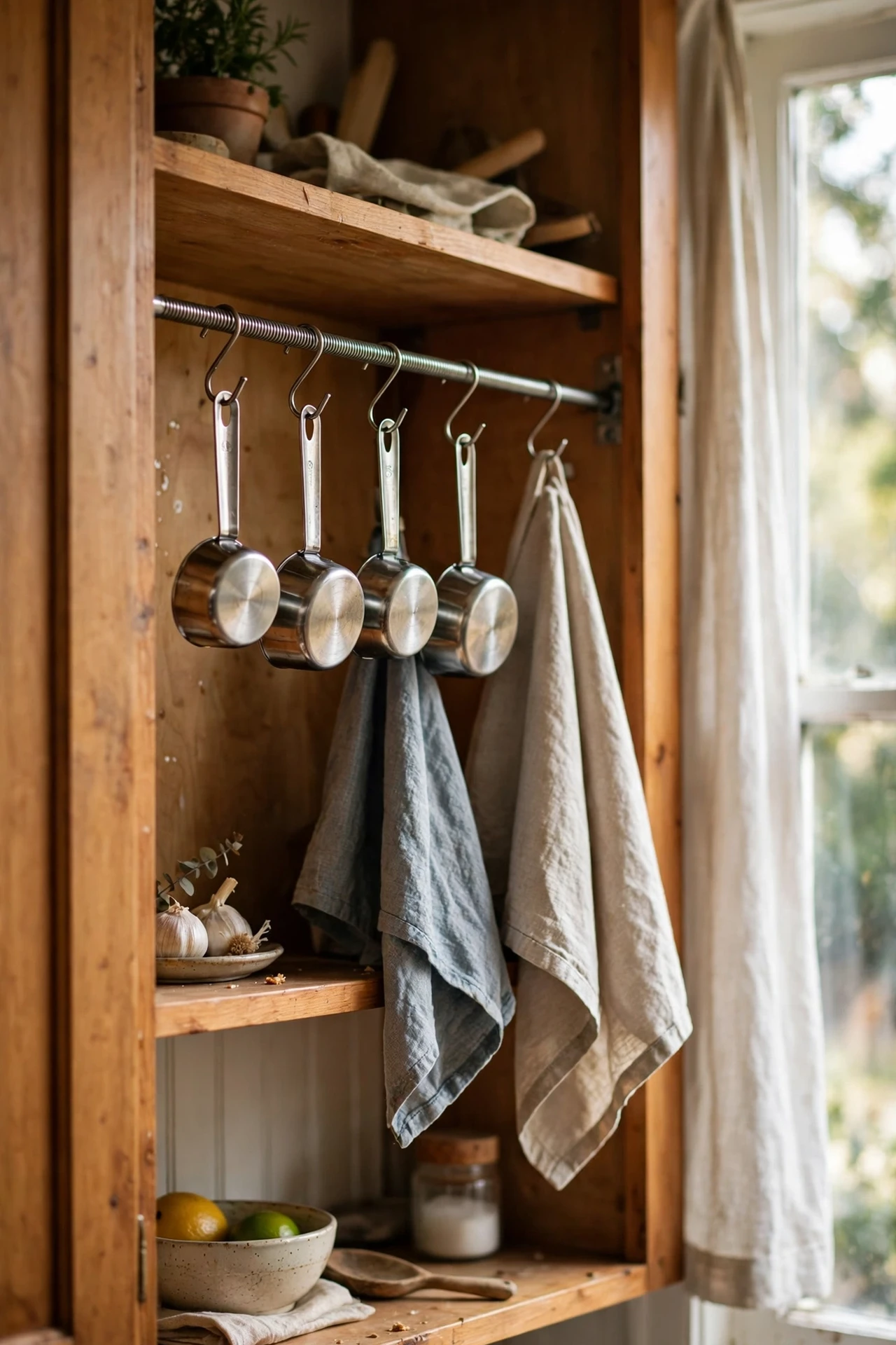 Tension rod with hanging utensils in shelf bay