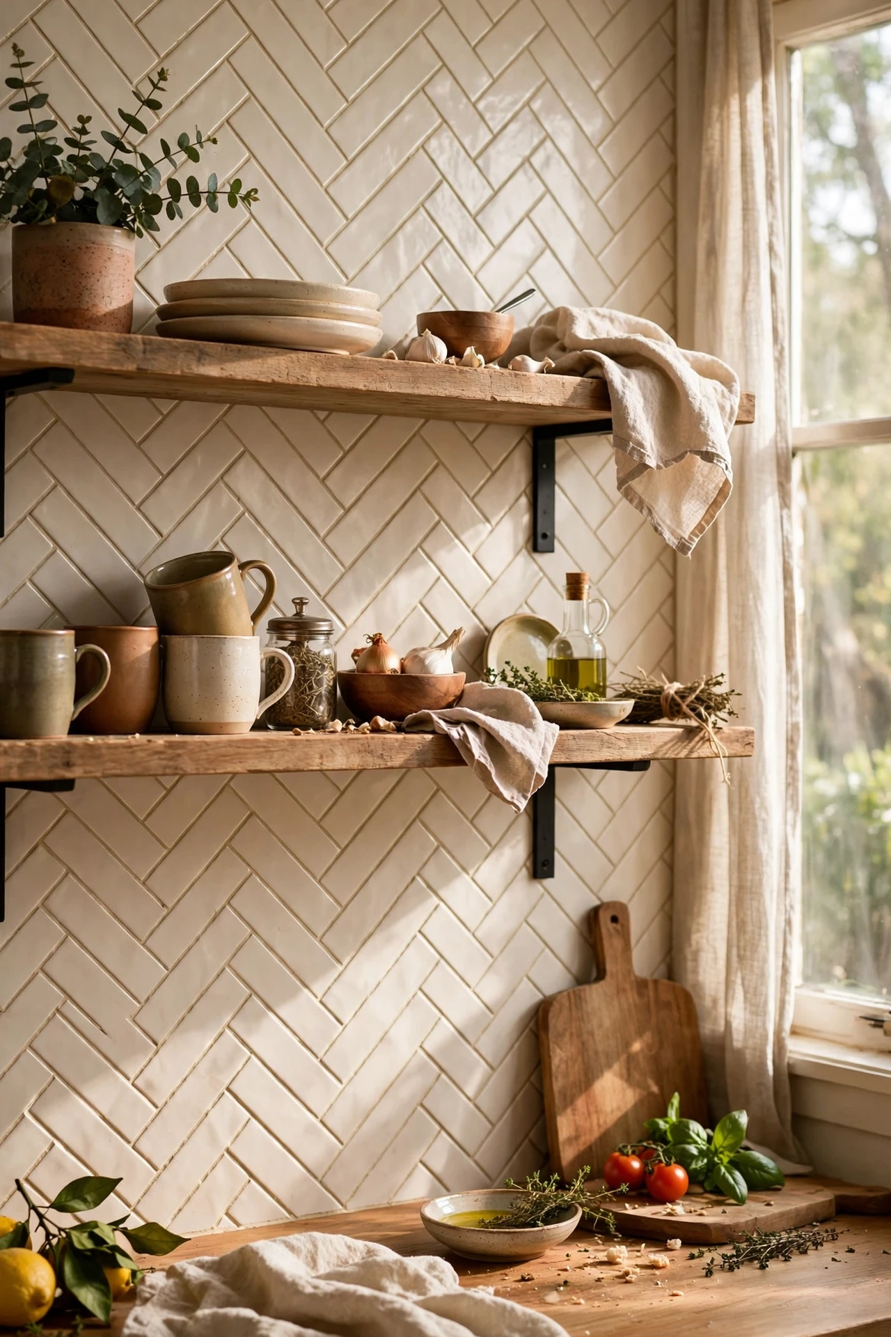 Peel-and-stick tiles behind open kitchen shelves