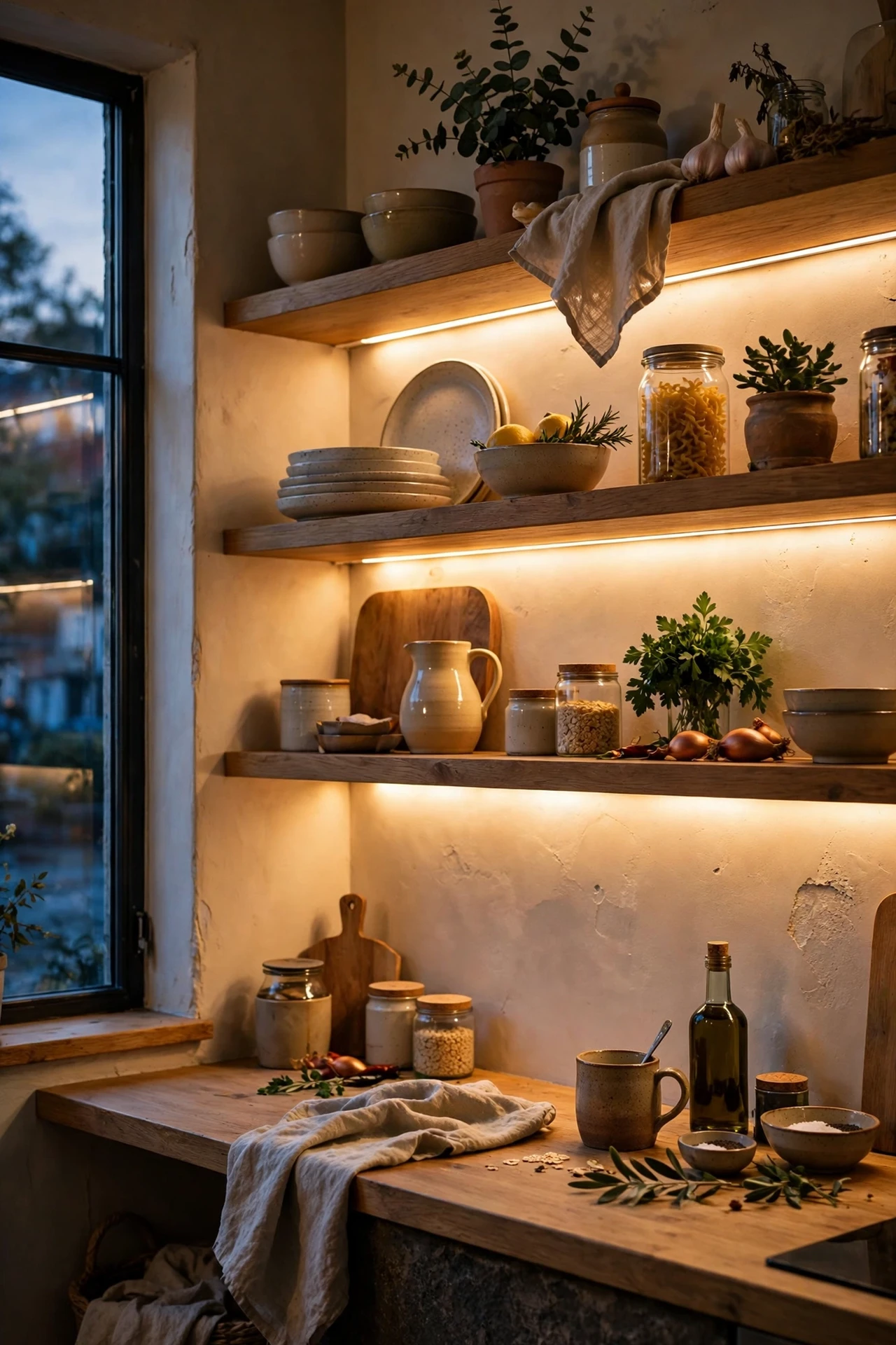 LED strips lighting under kitchen open shelves