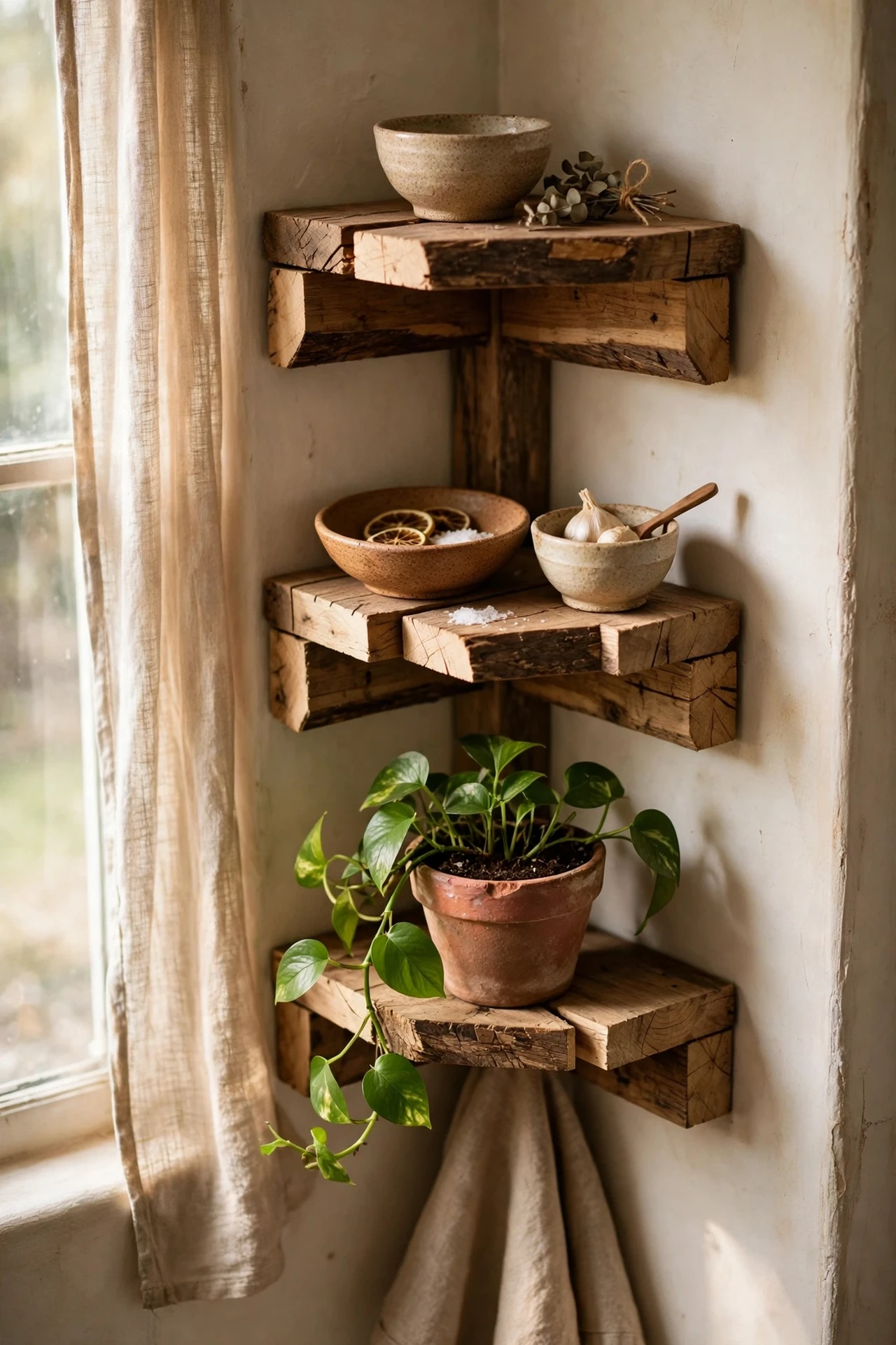Small wooden corner shelves with kitchen decor