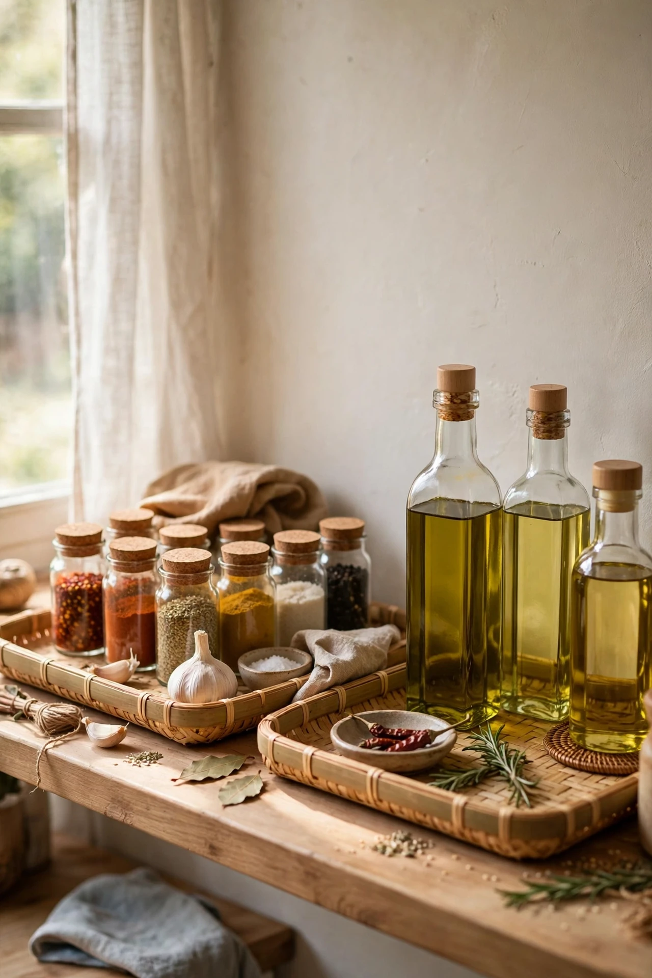 Trays organising spices on a kitchen shelf