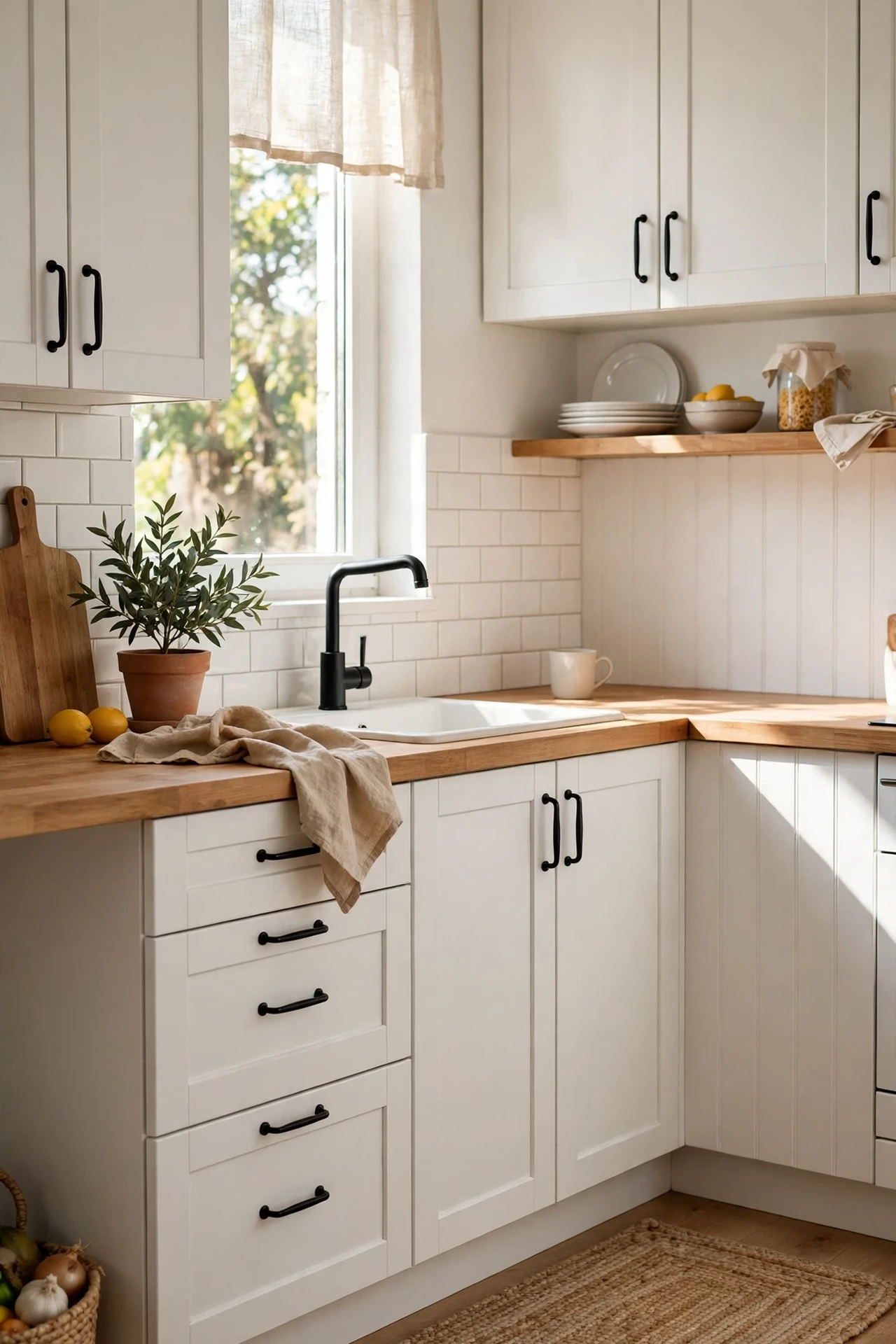 Matte black cabinet handles on white kitchen cabinet doors