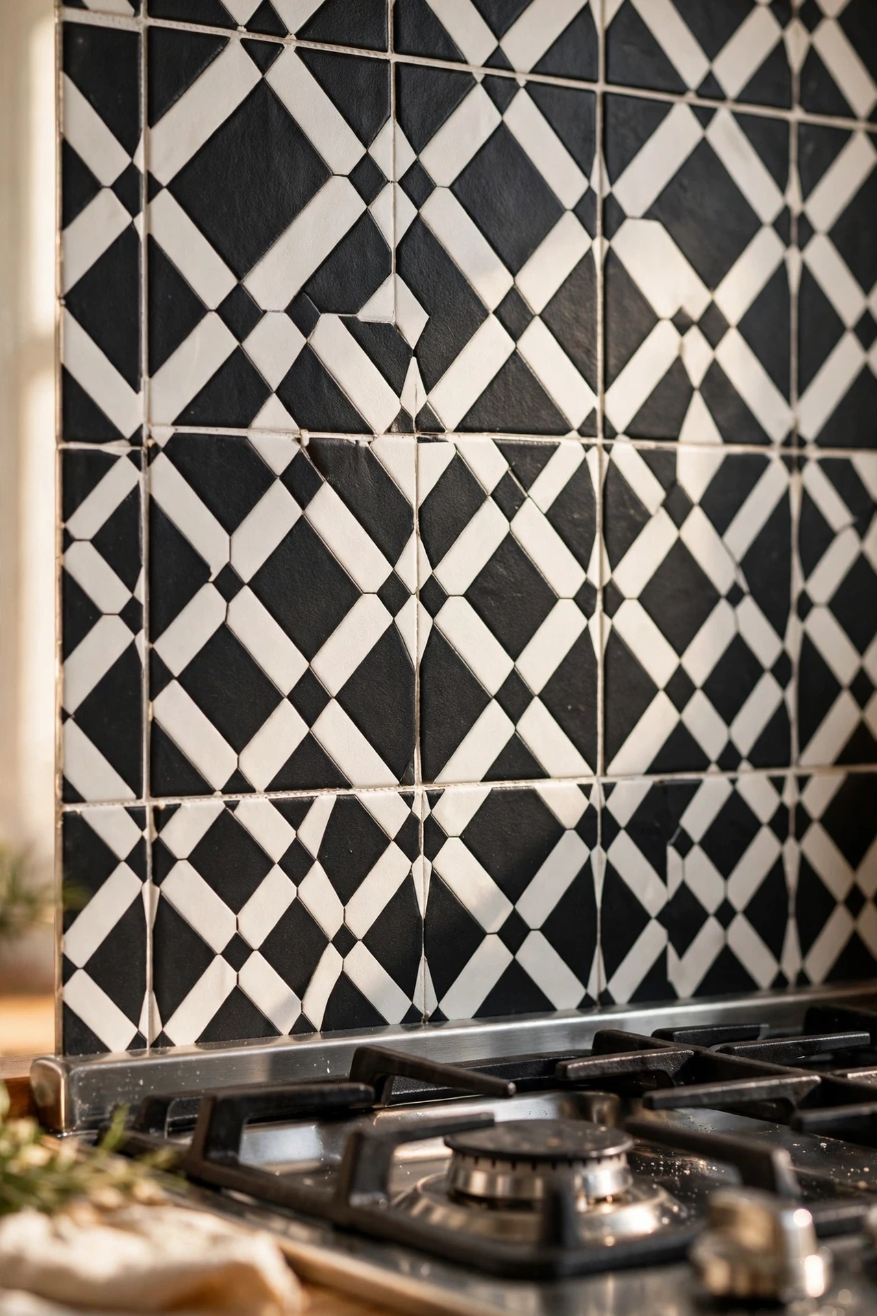 Black and white geometric peel-and-stick backsplash behind a cooker