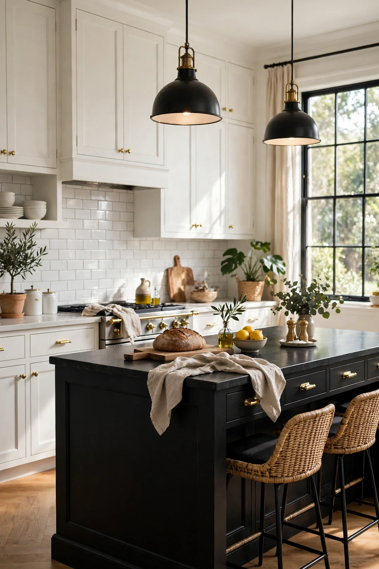 White kitchen cabinets with a bold black painted island