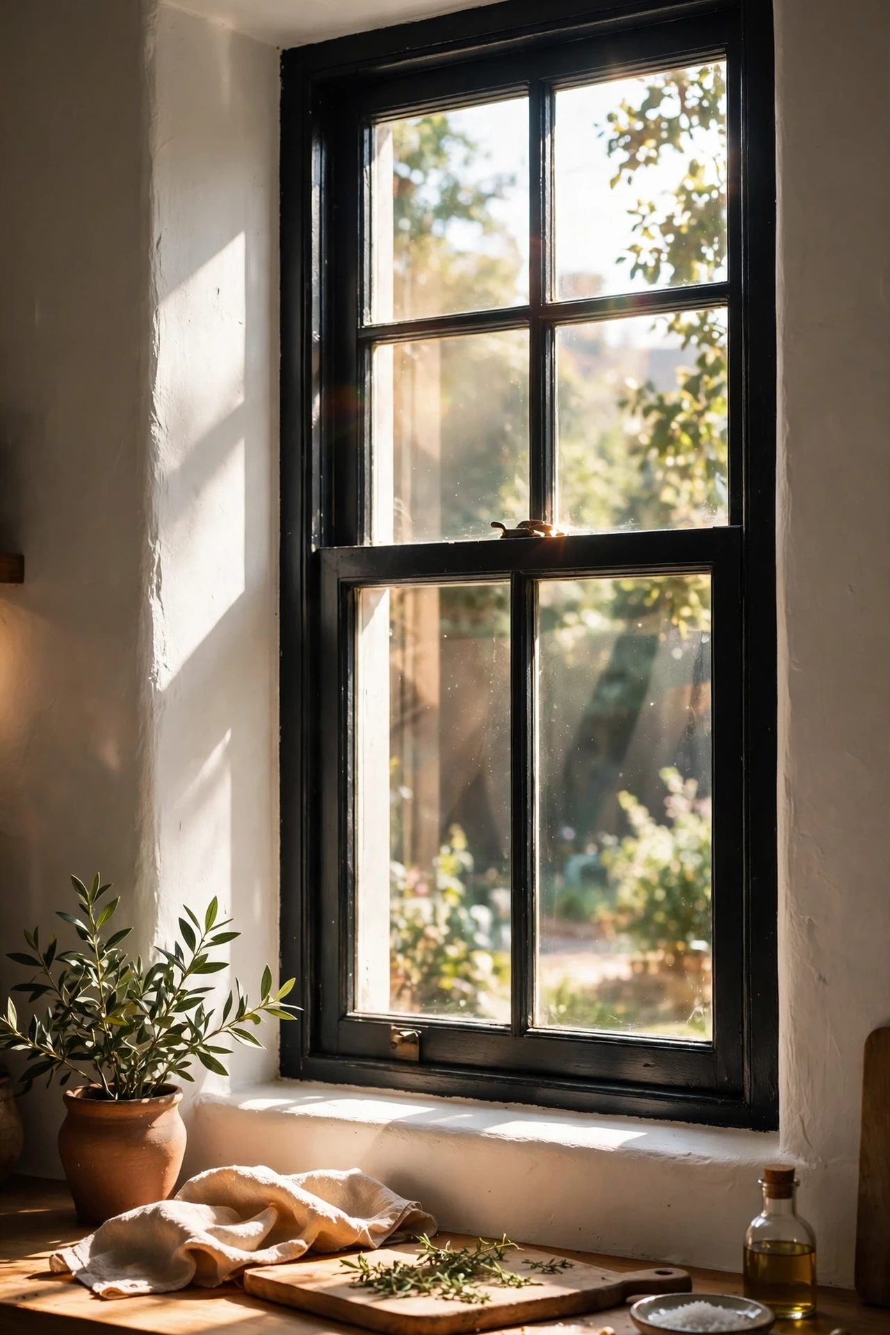 Kitchen window frame painted black against white walls