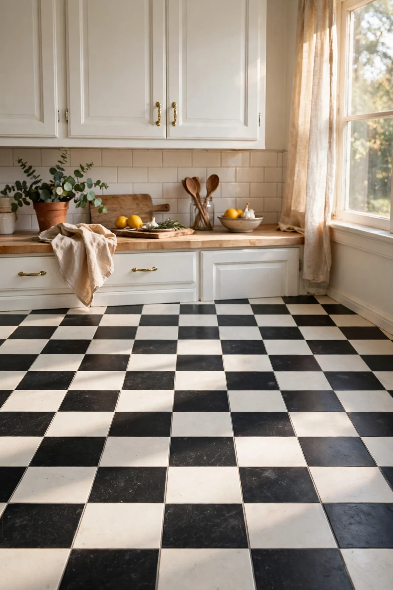 Classic black and white checkerboard vinyl kitchen floor tiles