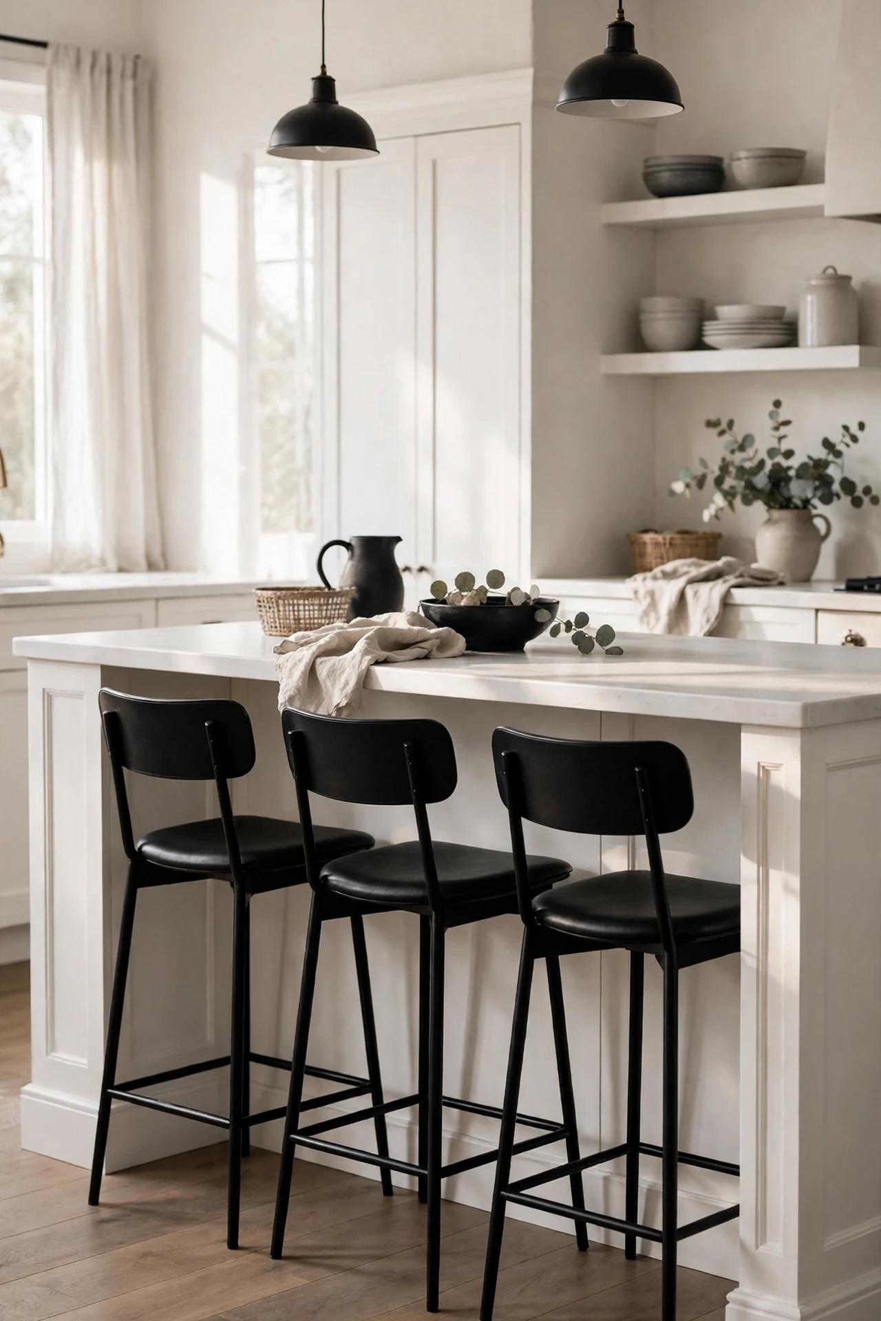 Black bar stools tucked under a white kitchen island