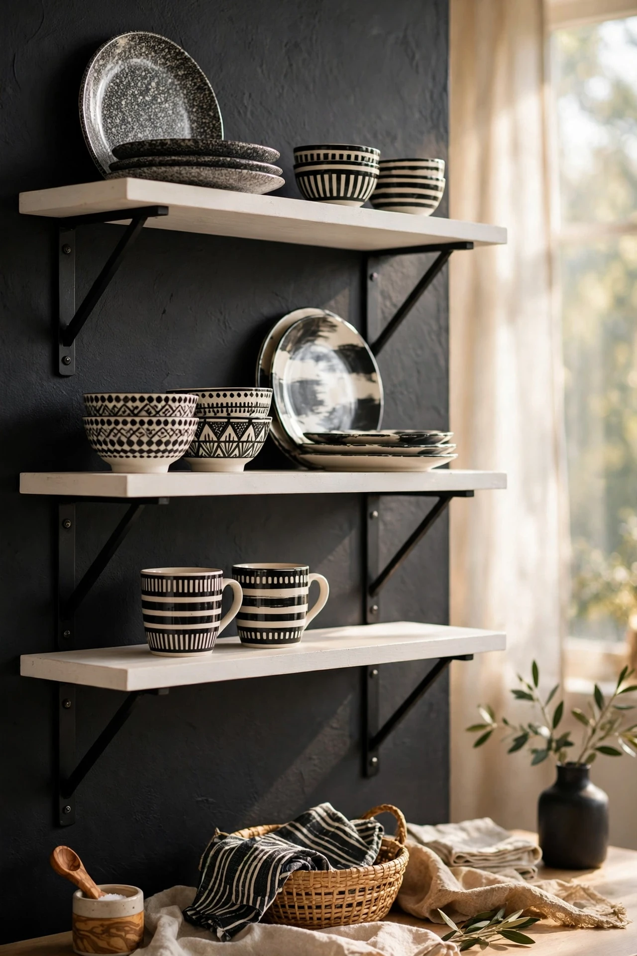 White open shelves on black brackets styled with monochrome dishes