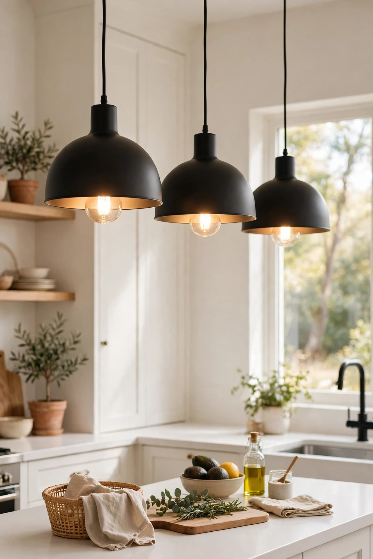 Black pendant lights hanging over white kitchen counters