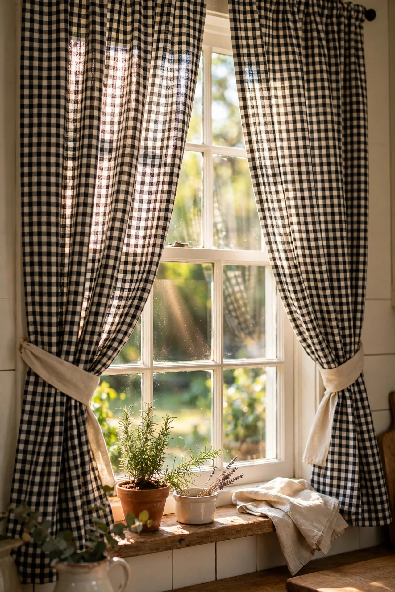 Black and white gingham curtains on a kitchen window