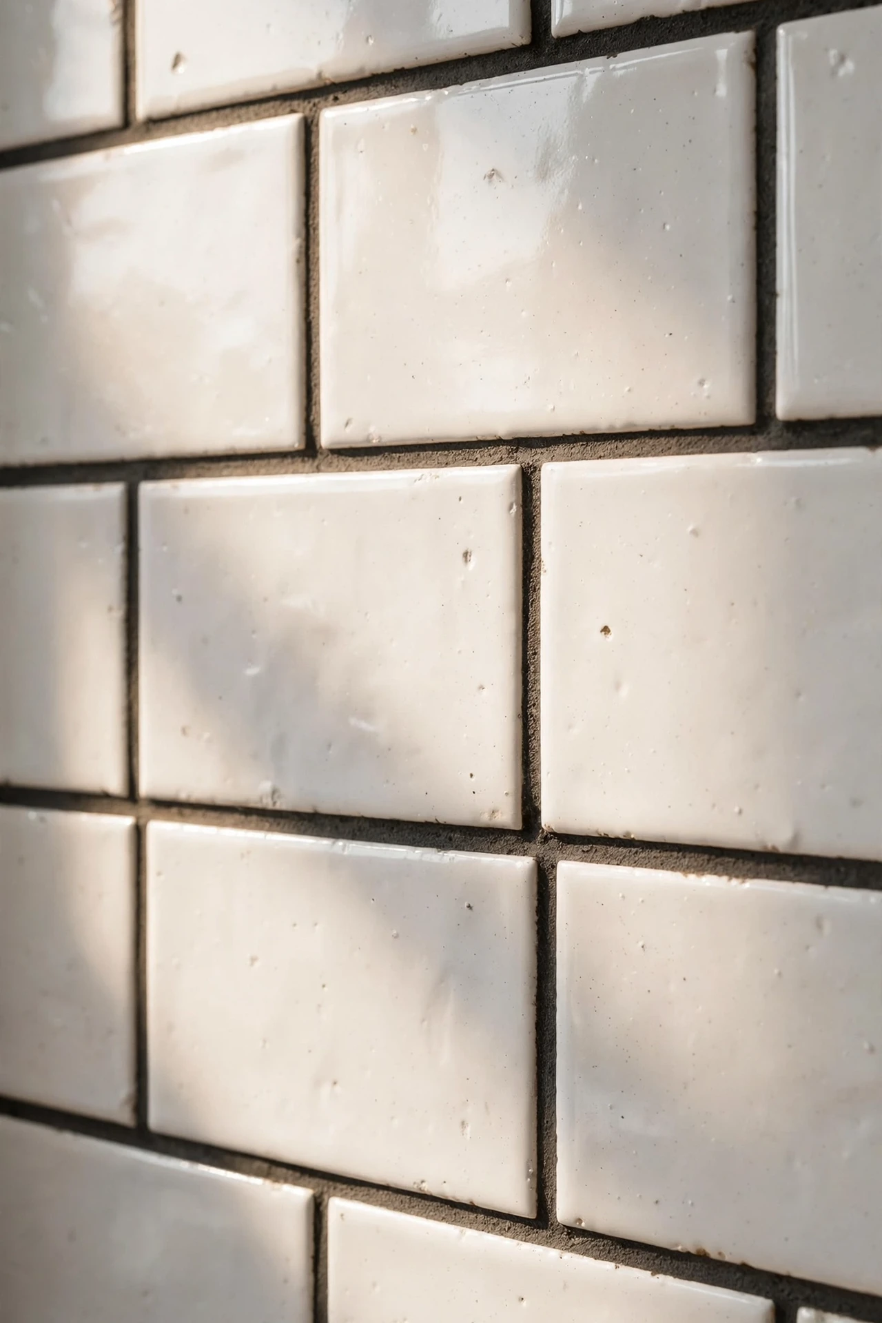 White subway tile backsplash with dark charcoal grout lines