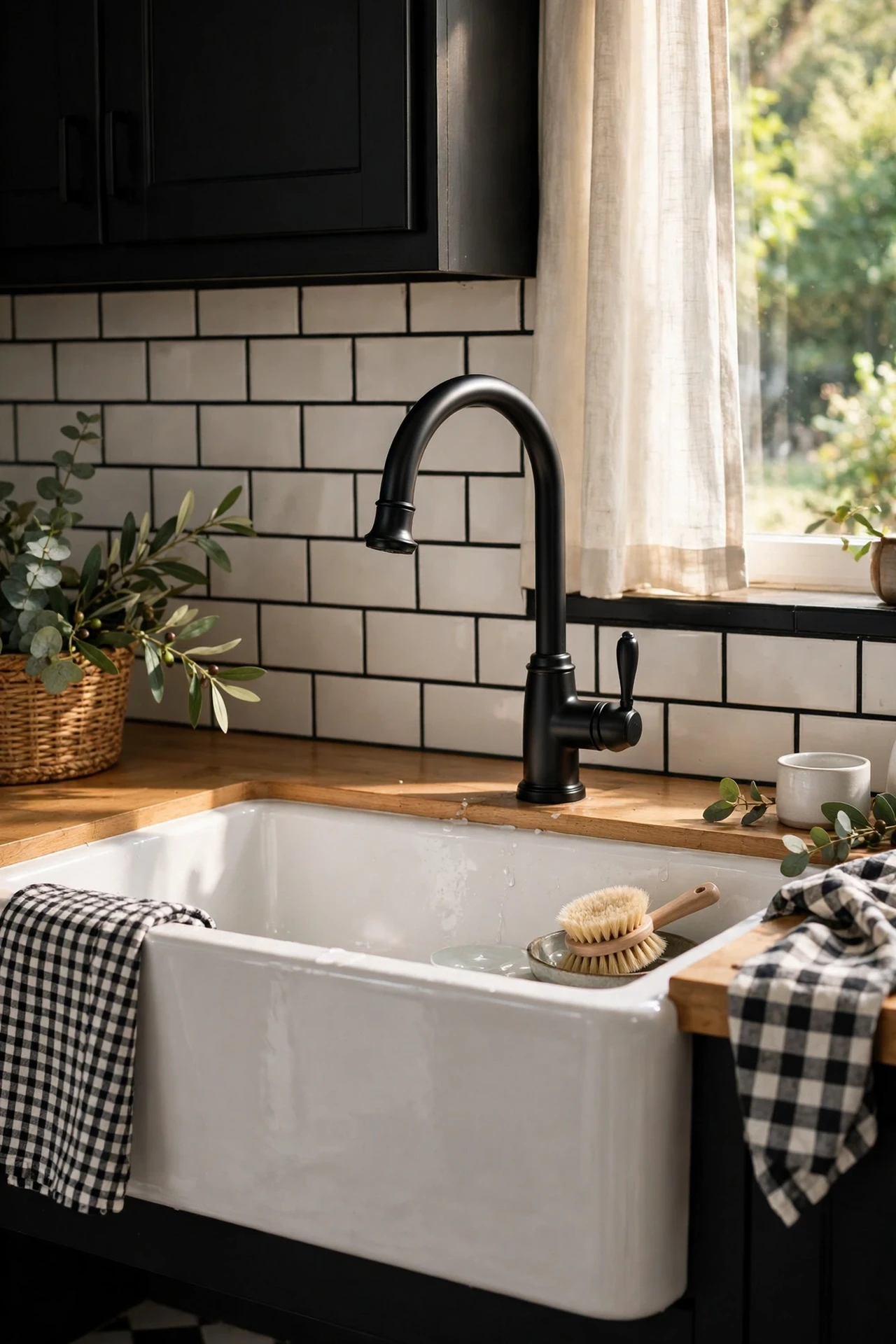 Matte black kitchen faucet over a white farmhouse sink