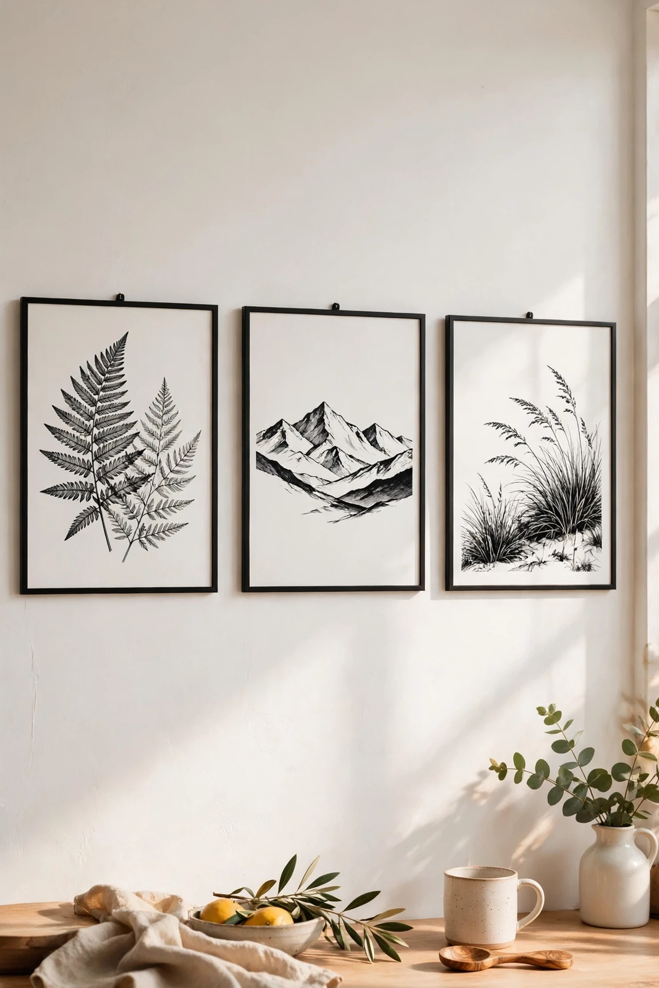 Black and white food prints in thin black frames on a kitchen wall