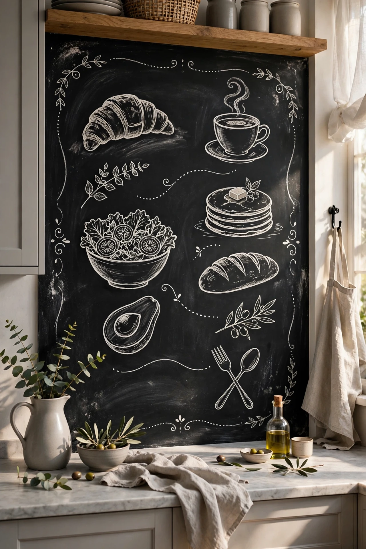 Black chalkboard menu wall in a black and white kitchen