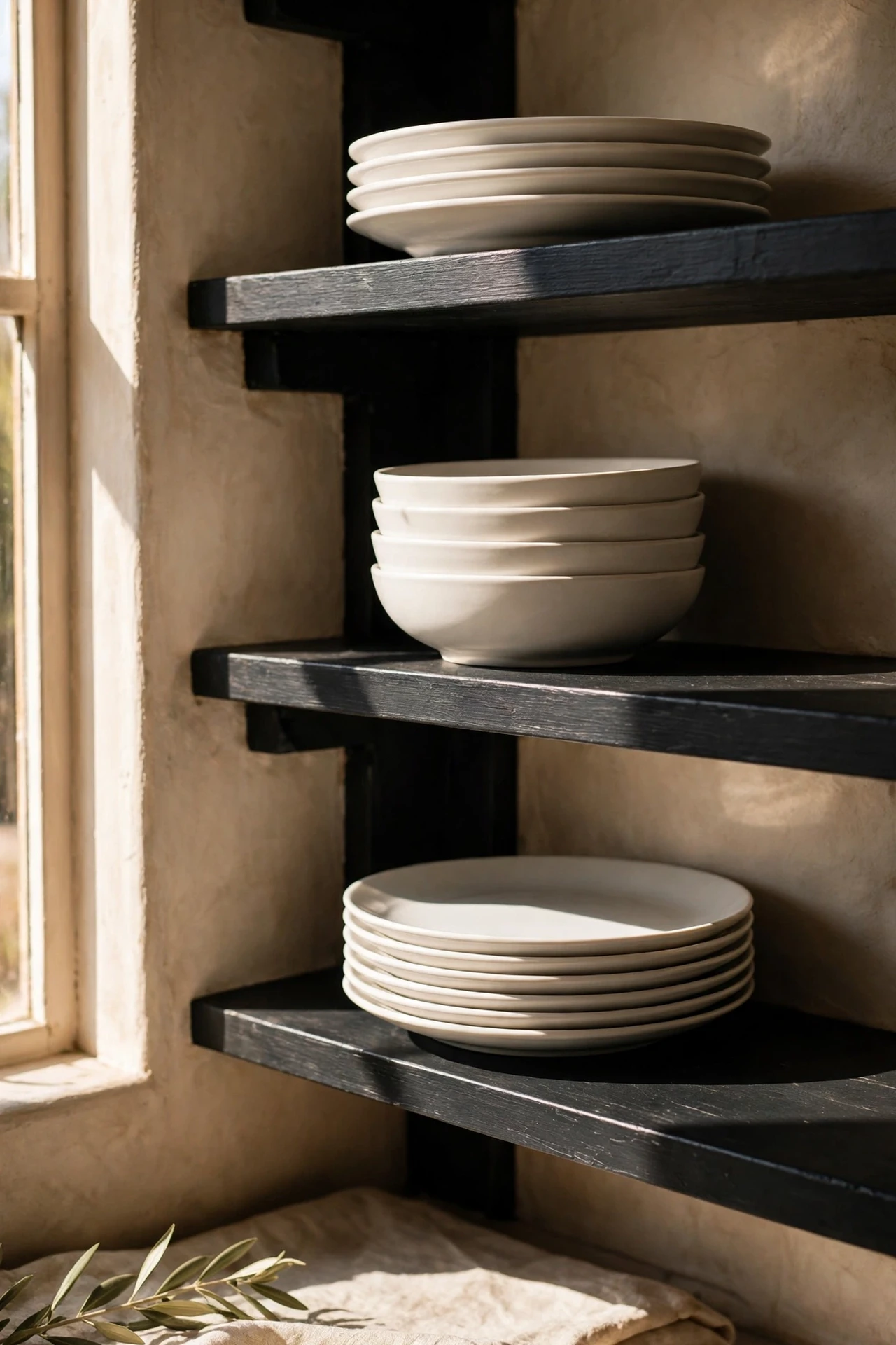 White dishes stacked on black painted open kitchen shelves