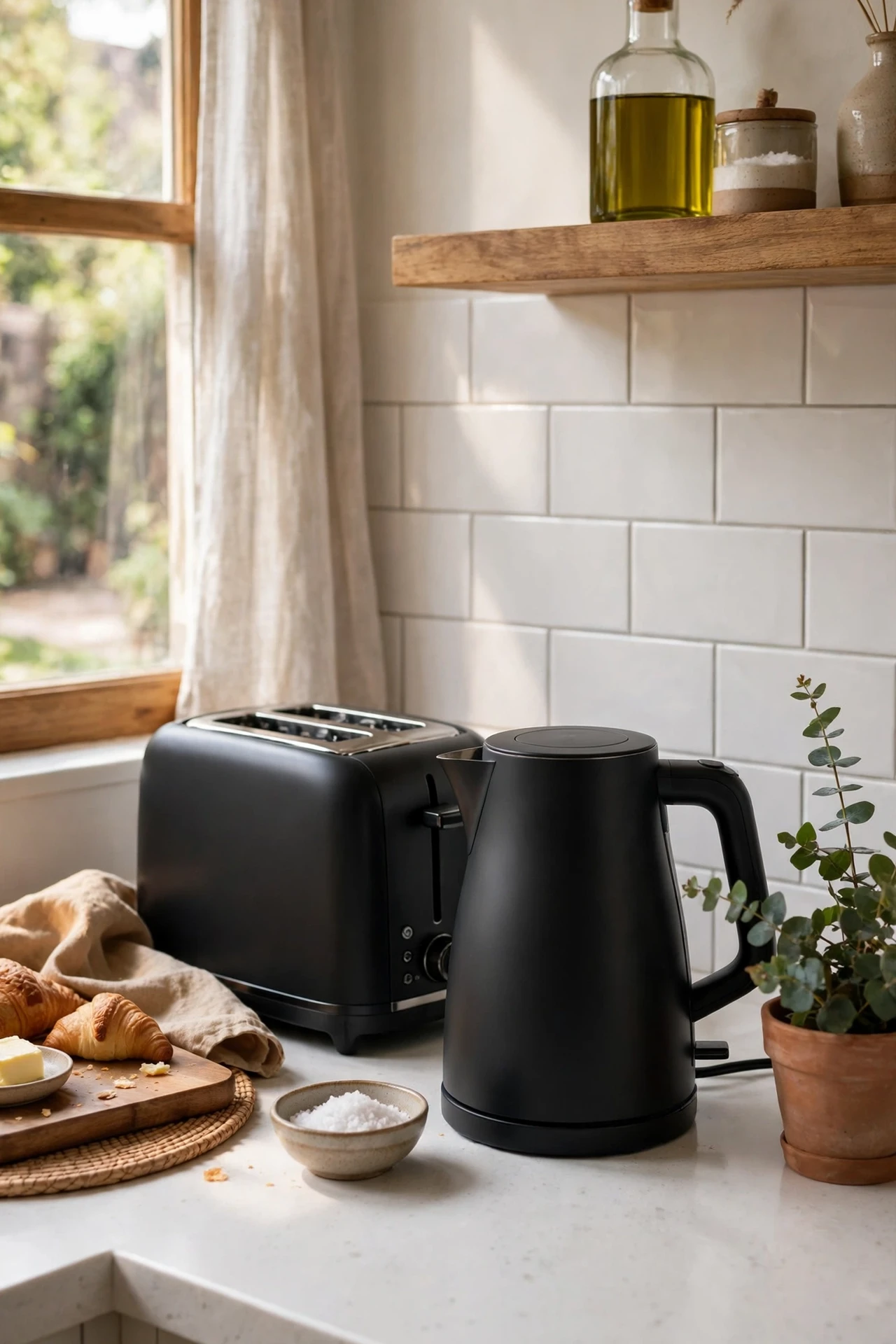 Matching matte black kettle and toaster on a white counter