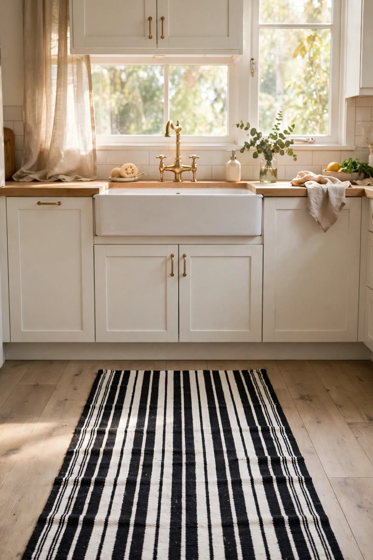Black and white striped runner rug in front of a kitchen sink