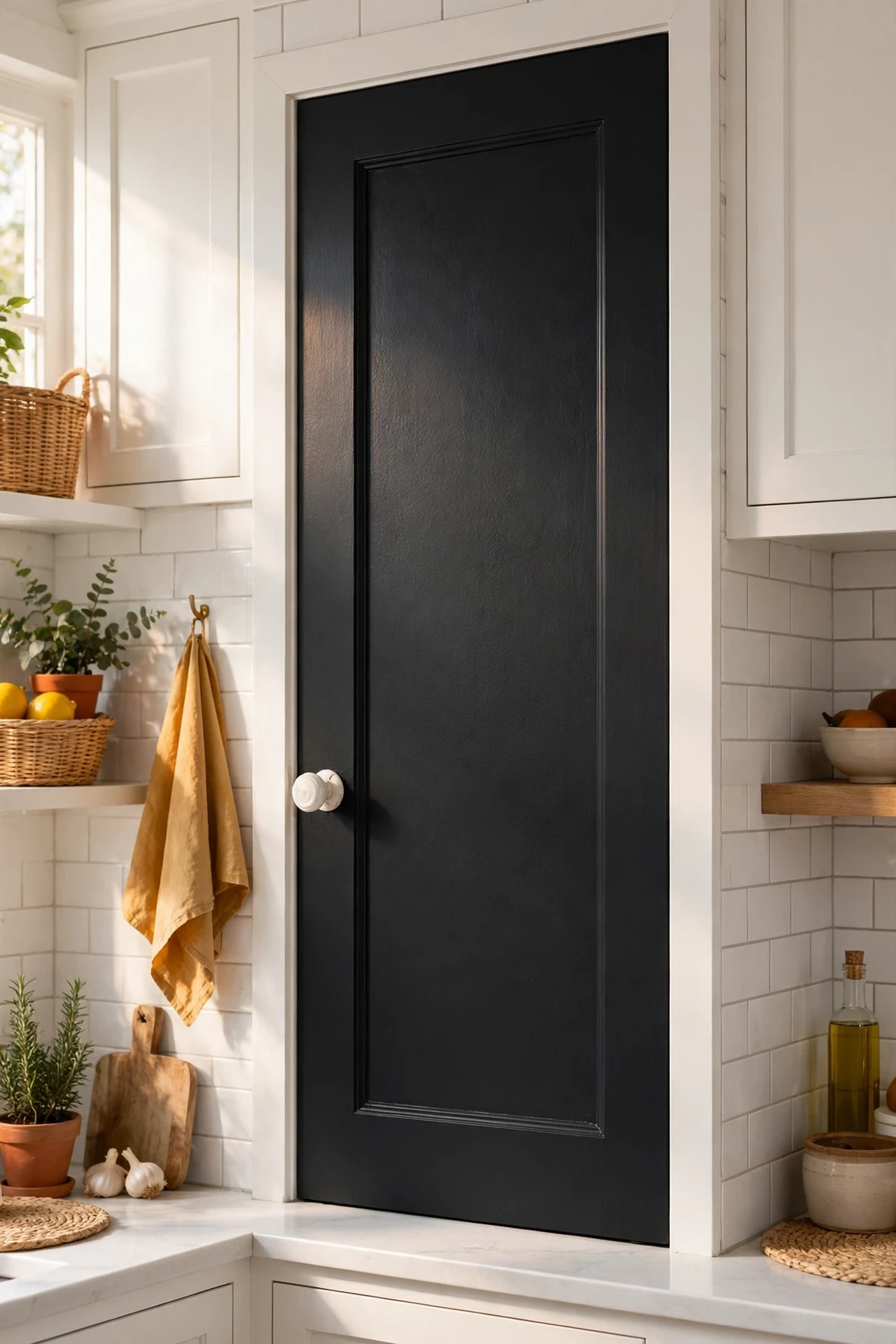 Pantry door painted matte black with a white ceramic knob