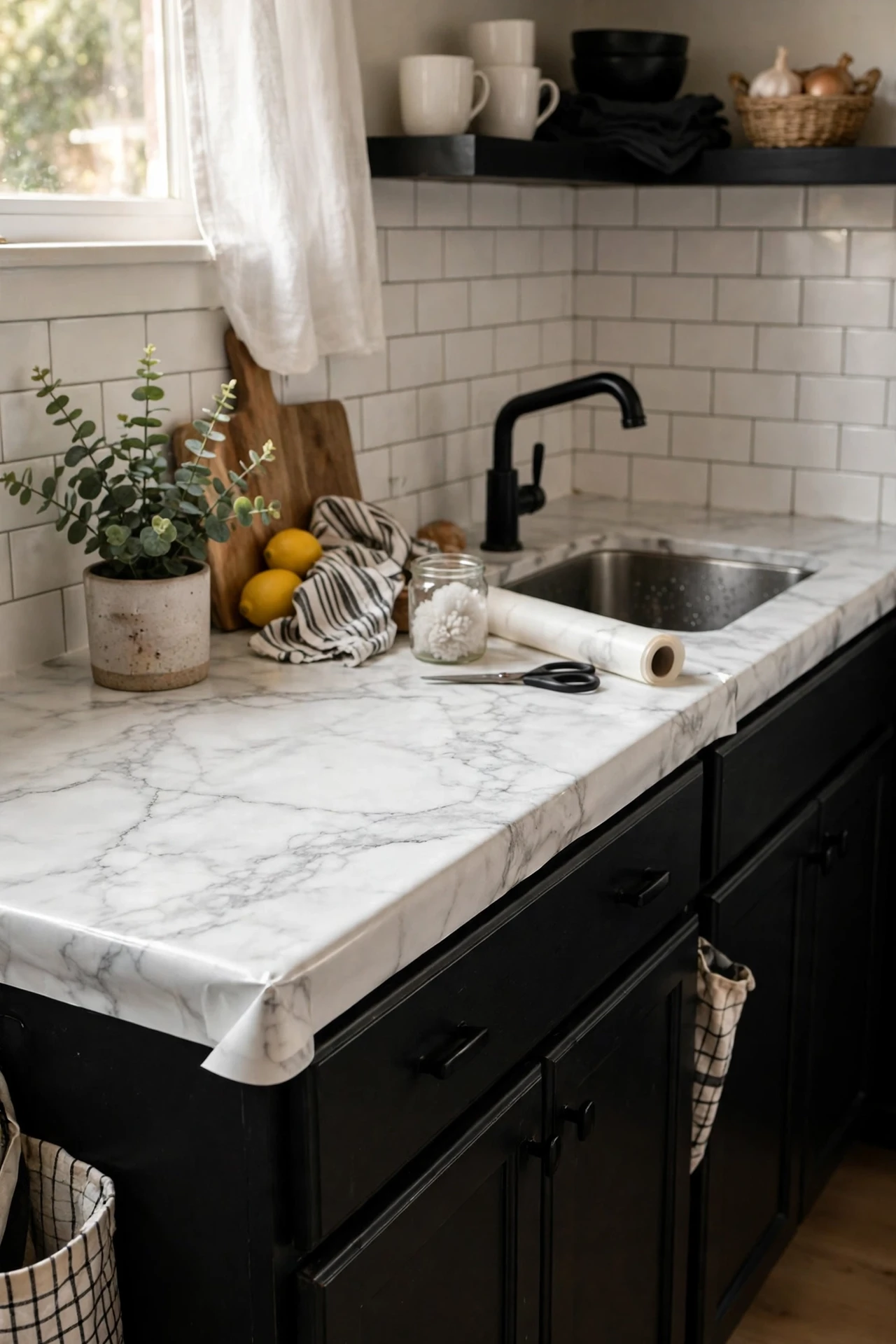 Kitchen counters wrapped in white marble-effect contact paper
