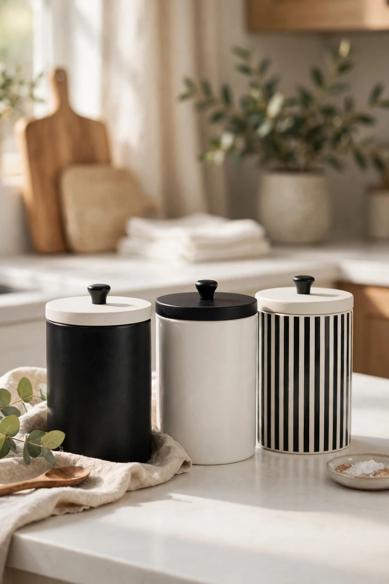 Black and white storage canisters lined up on a kitchen counter