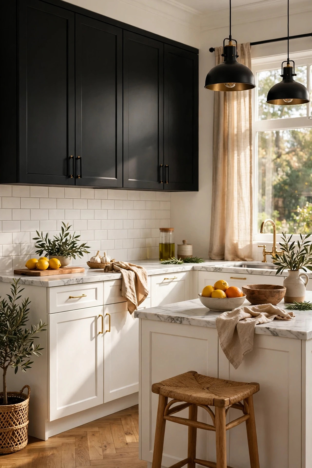 Black upper cabinets with white lower cabinets in a kitchen