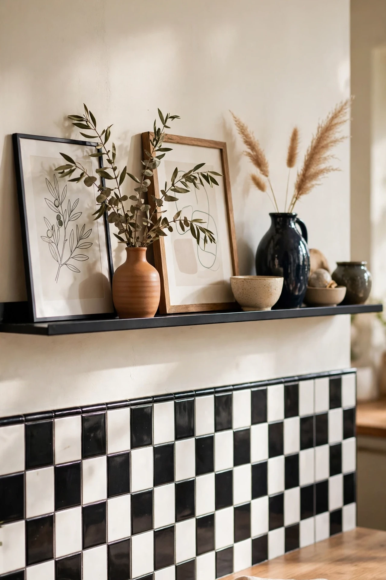 Black picture ledge styled above a black and white backsplash