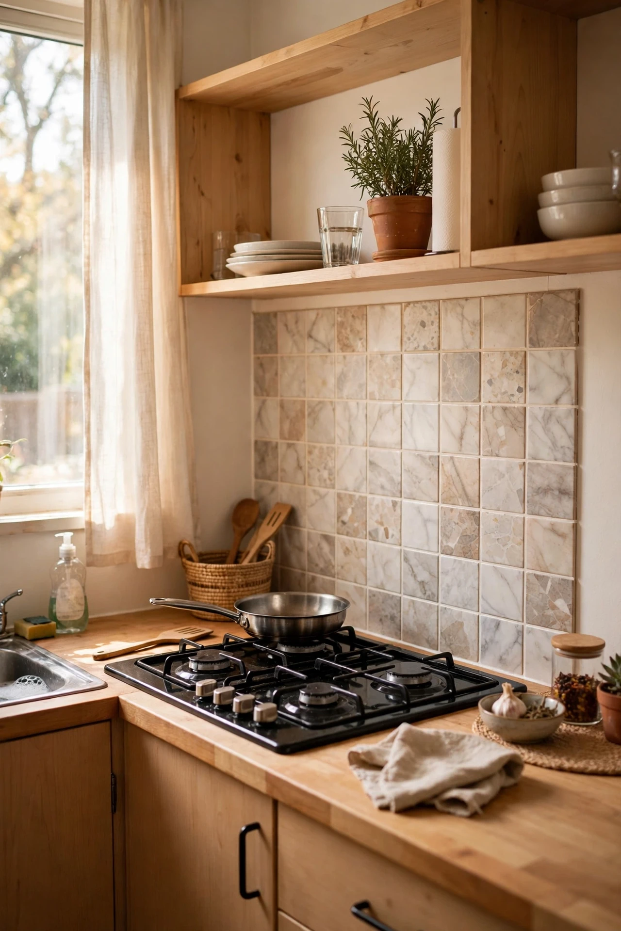 Peel-and-stick backsplash tiles behind rental kitchen hob