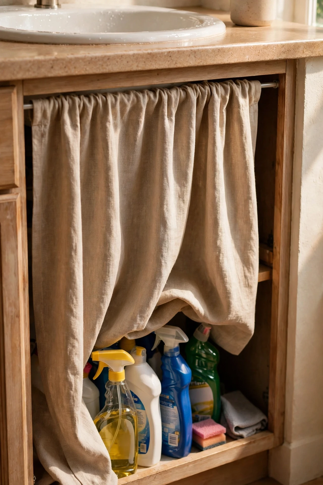 Tension rod fabric curtain hiding under-sink clutter