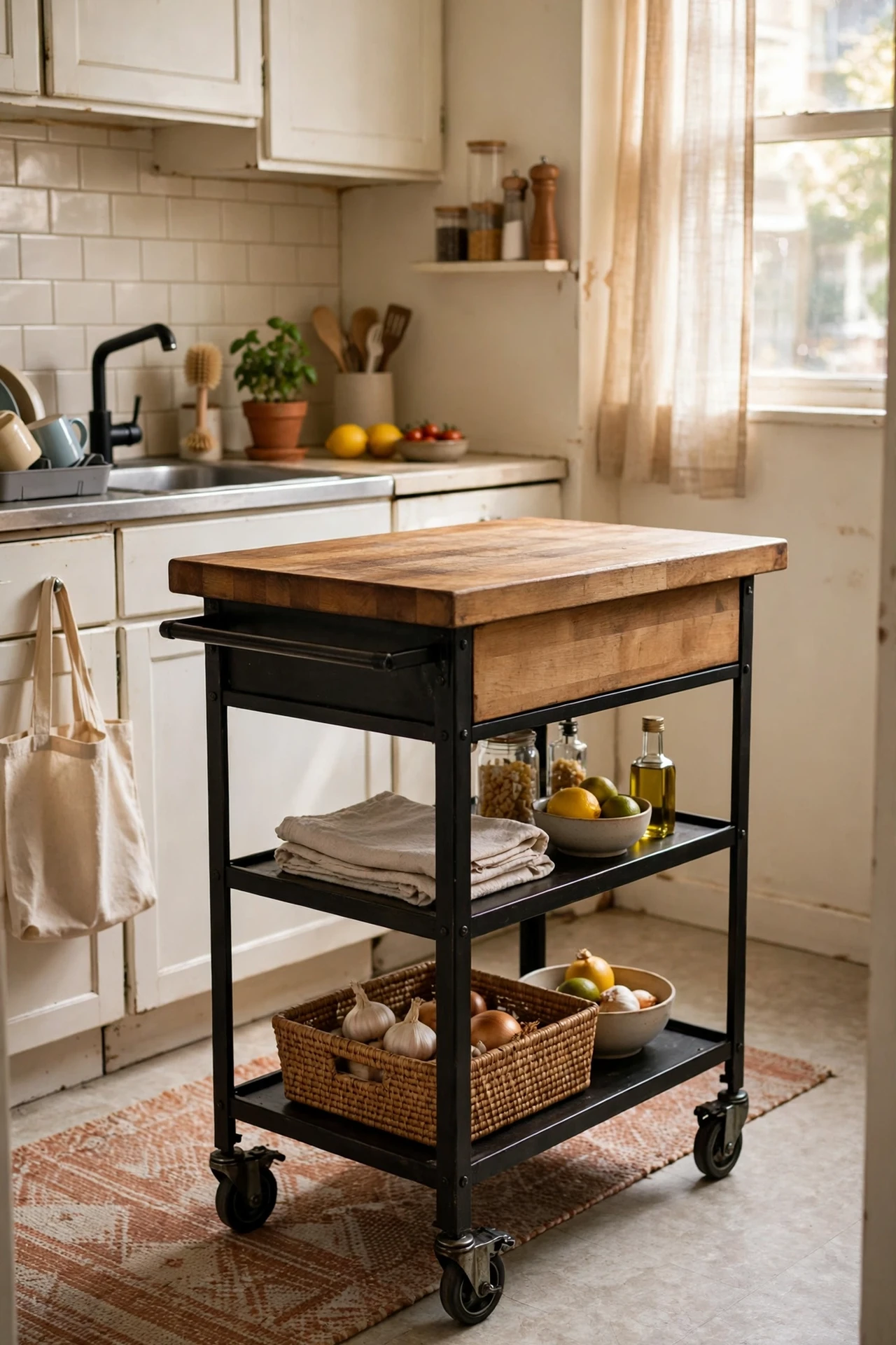 Freestanding rolling island cart in small rental kitchen