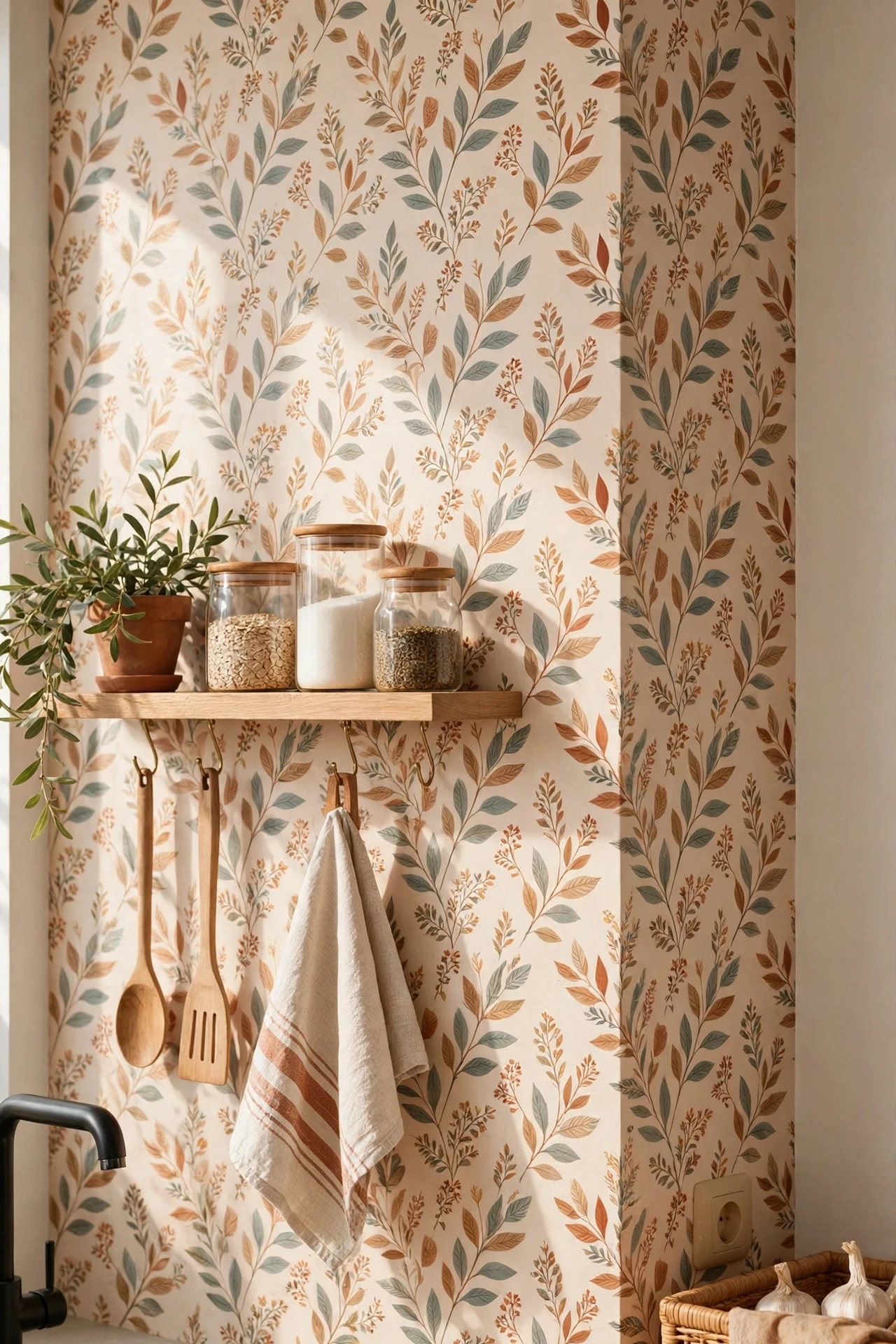 Removable wallpaper on one rental kitchen wall