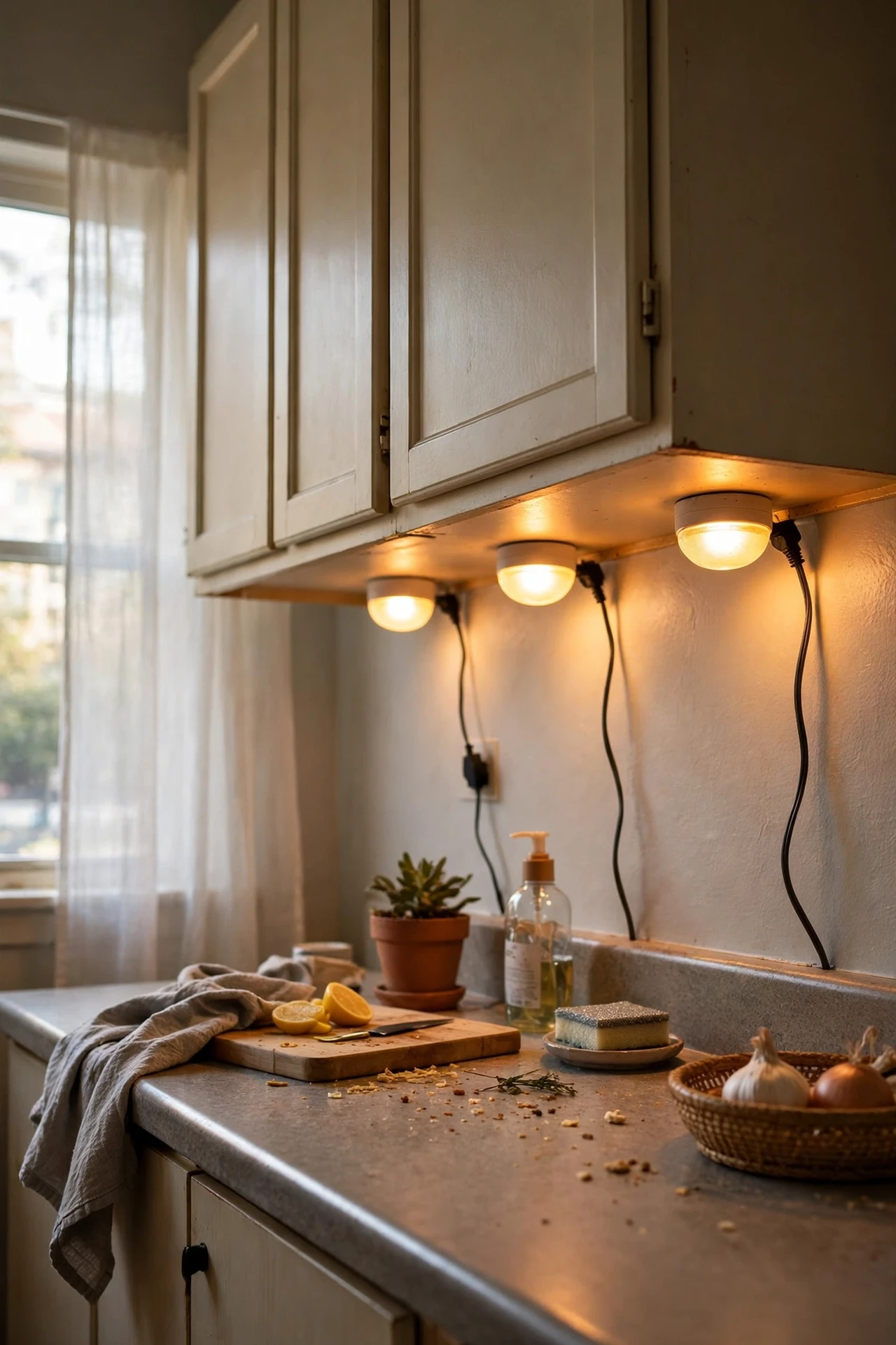 Plug-in under-cabinet puck lights glowing in kitchen