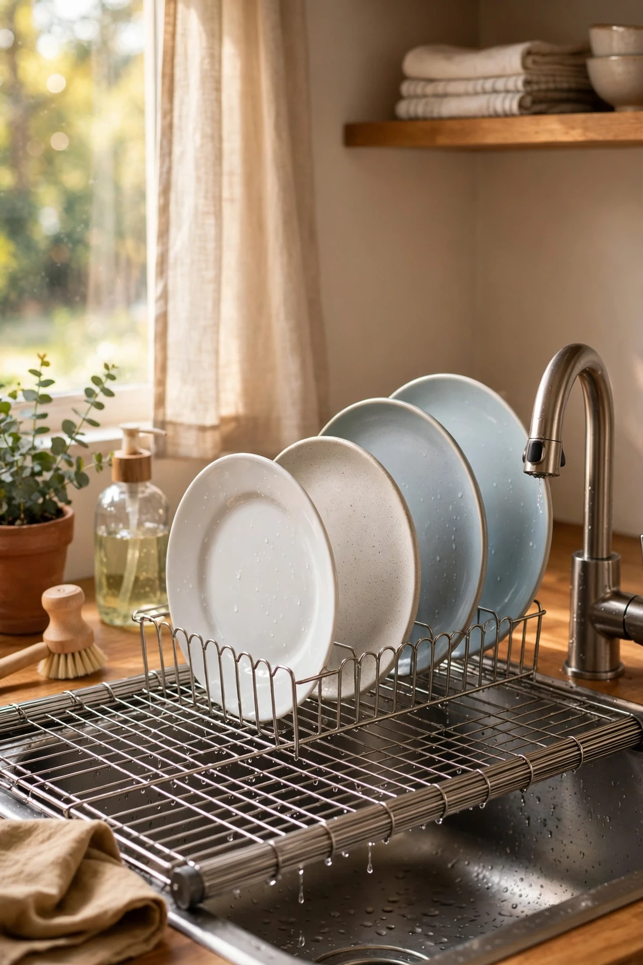 Roll-up dish rack over sink in small kitchen