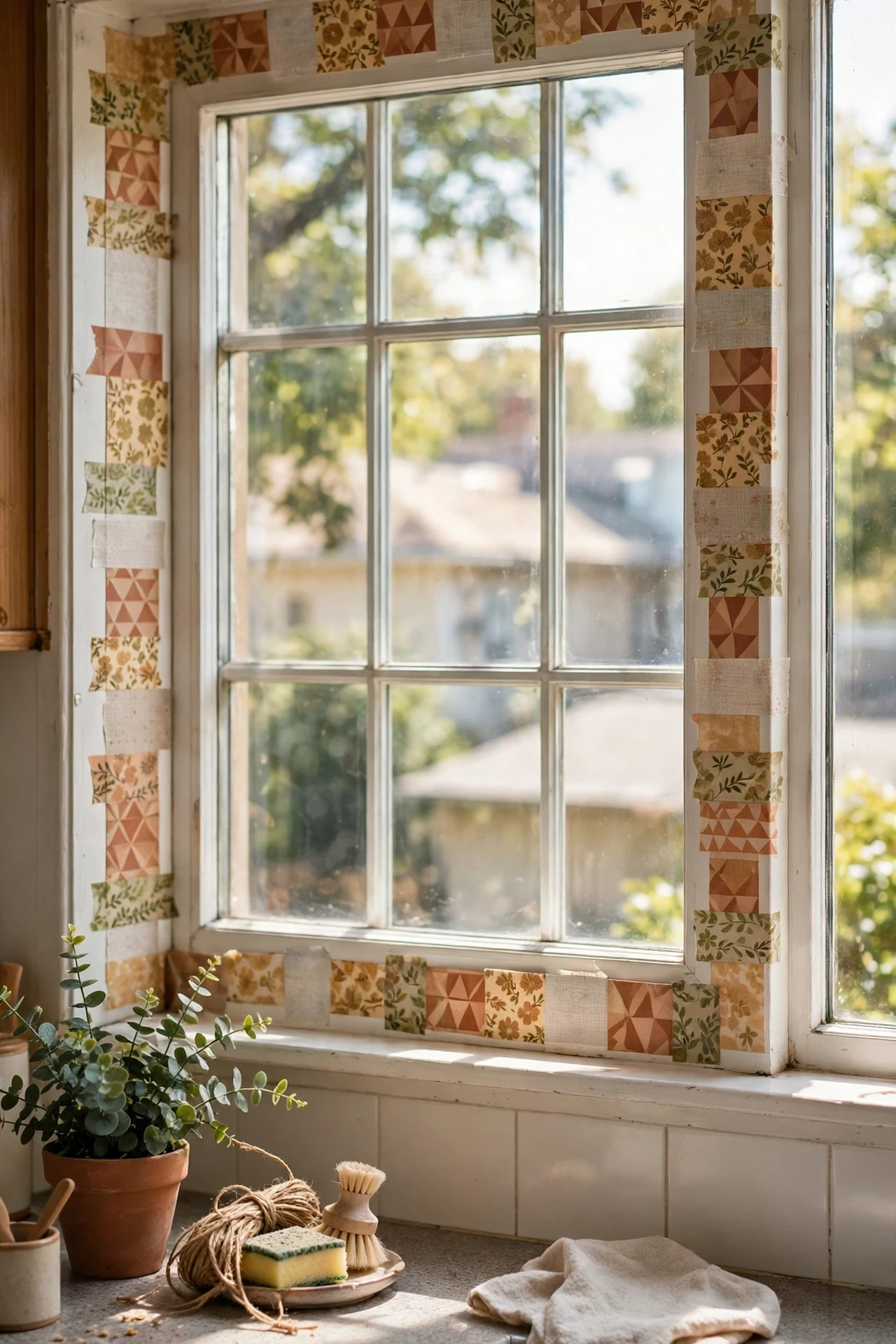 Washi tape border around rental kitchen window frame