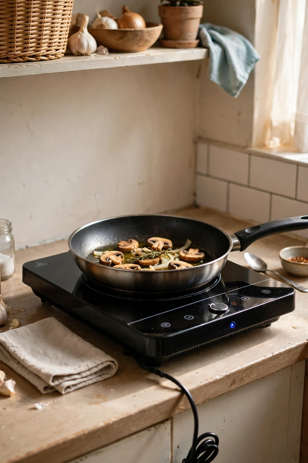 Portable induction hob plugged in on rental counter