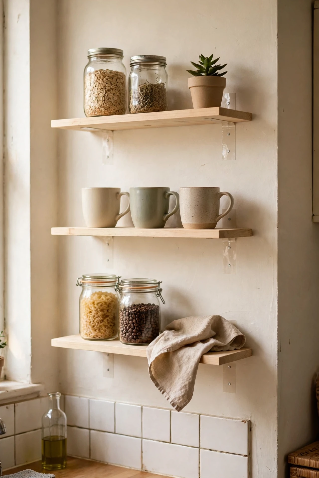 Adhesive-mounted floating shelves holding mugs and jars