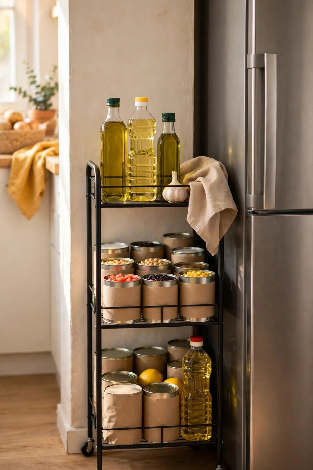 Narrow rolling cart stocked with oils beside fridge