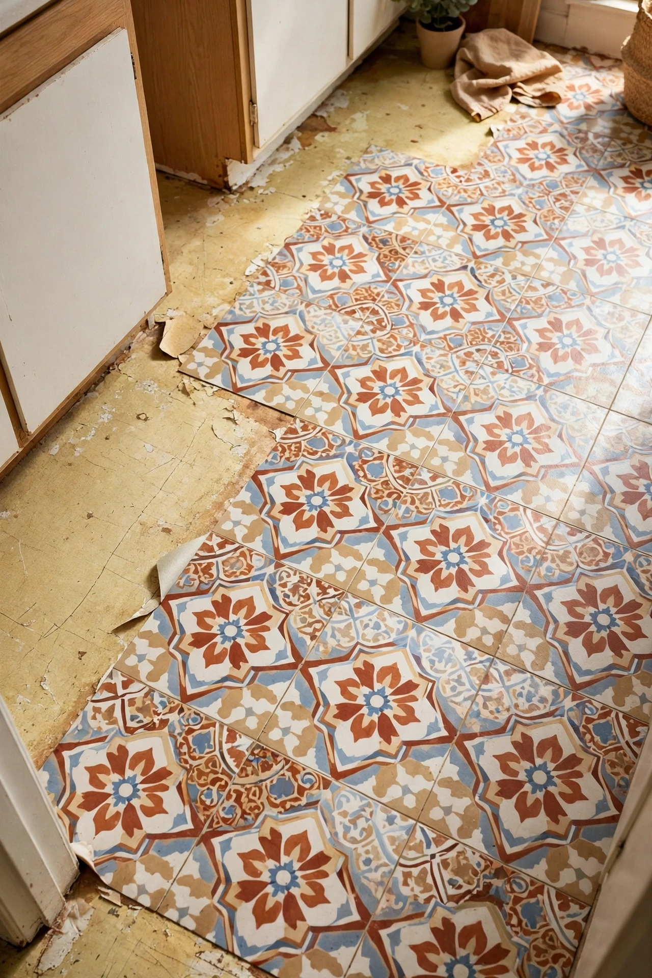 Peel-and-stick floor tiles over tired rental lino