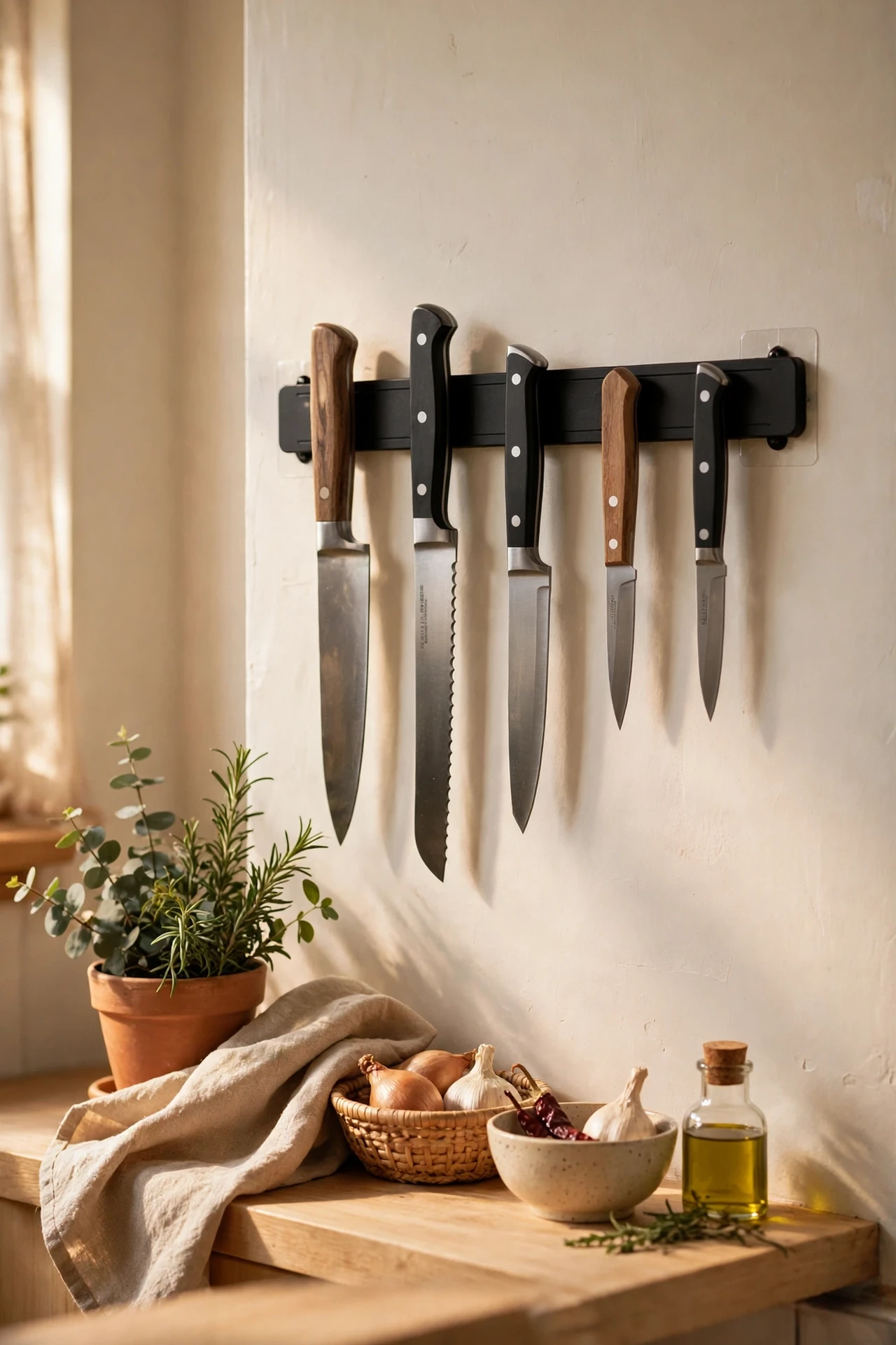 Magnetic knife strip on rental kitchen wall