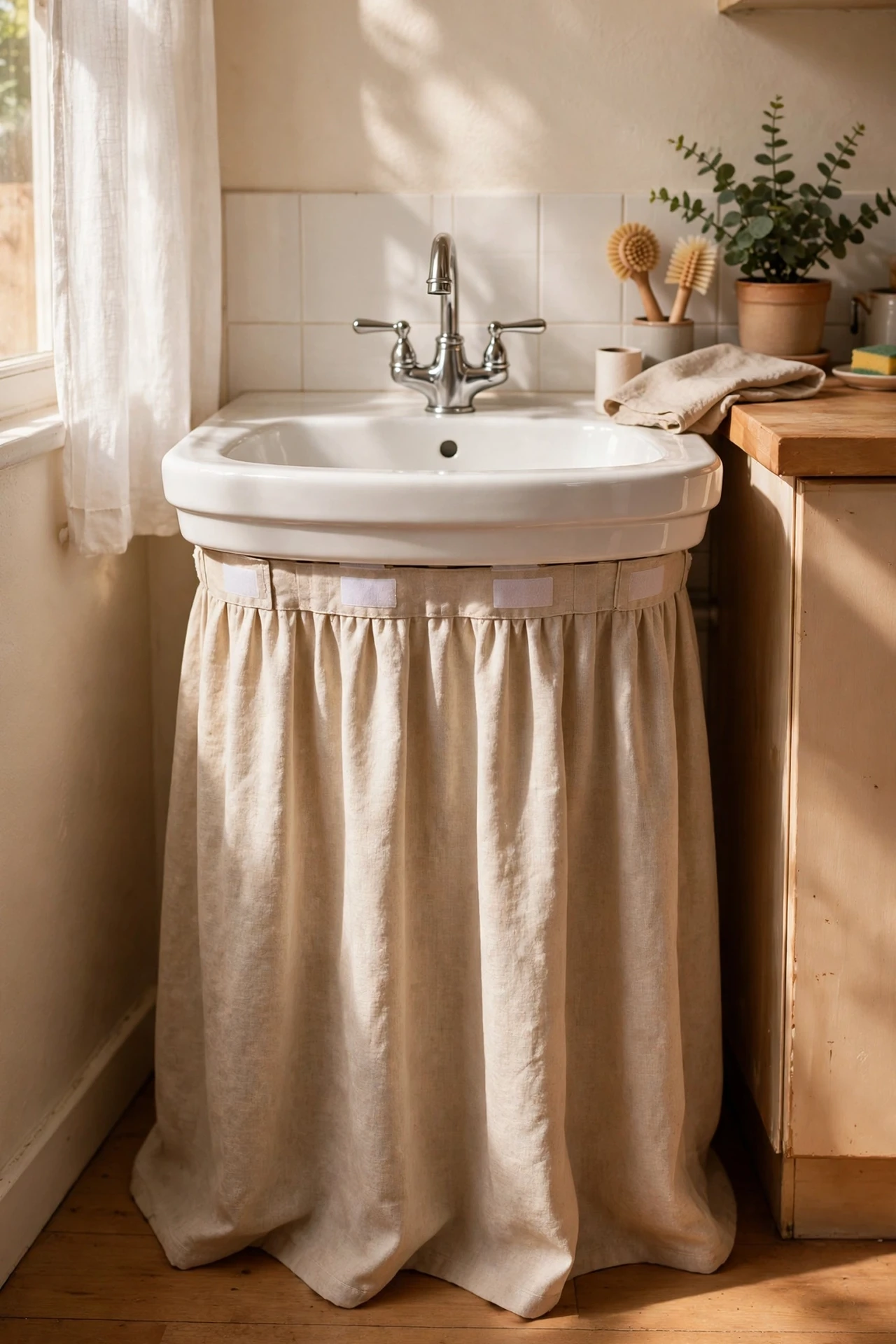 Fabric skirt hiding storage under pedestal sink