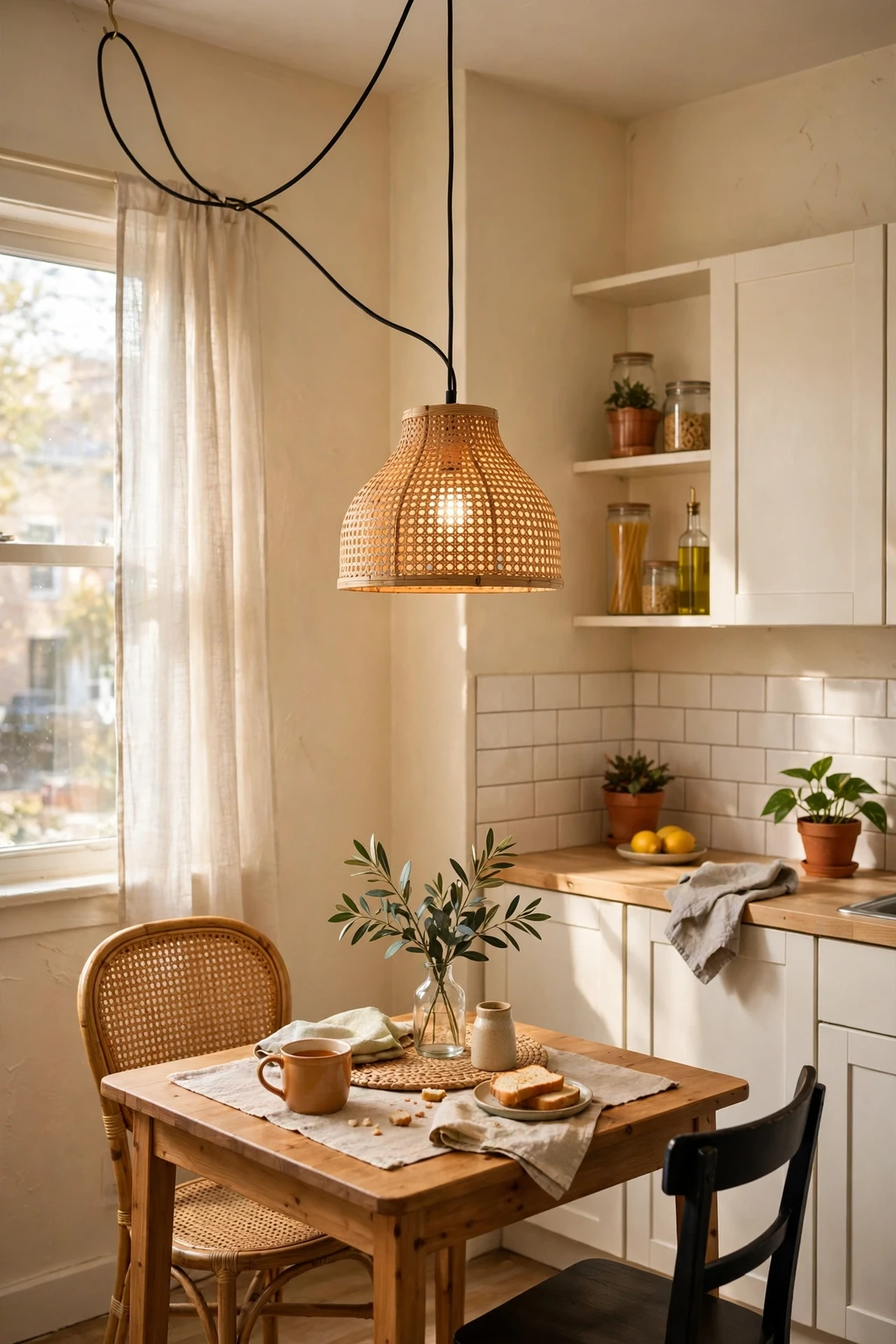Plug-in pendant light swagged over kitchen table